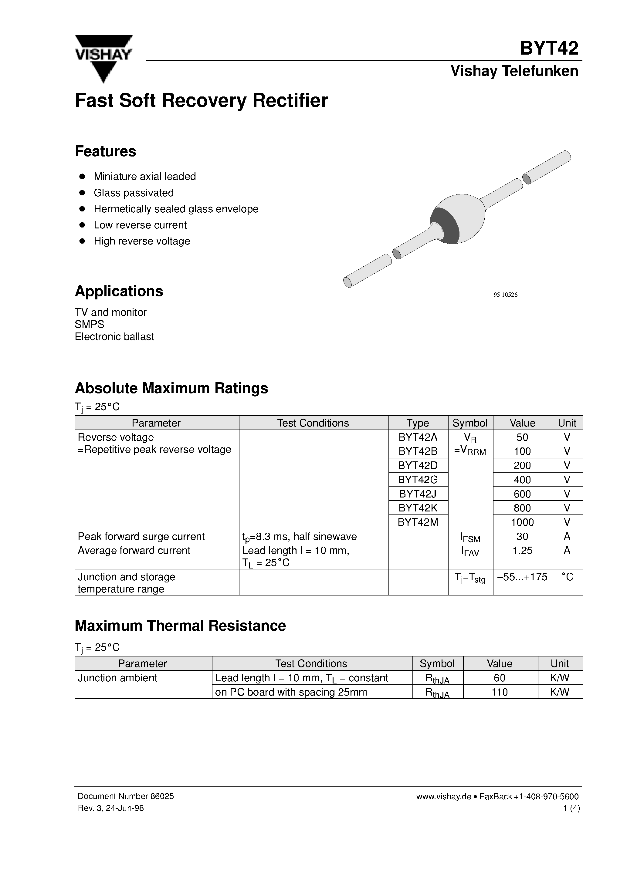 Datasheet BYT42A - Fast Soft Recovery Rectifier page 1