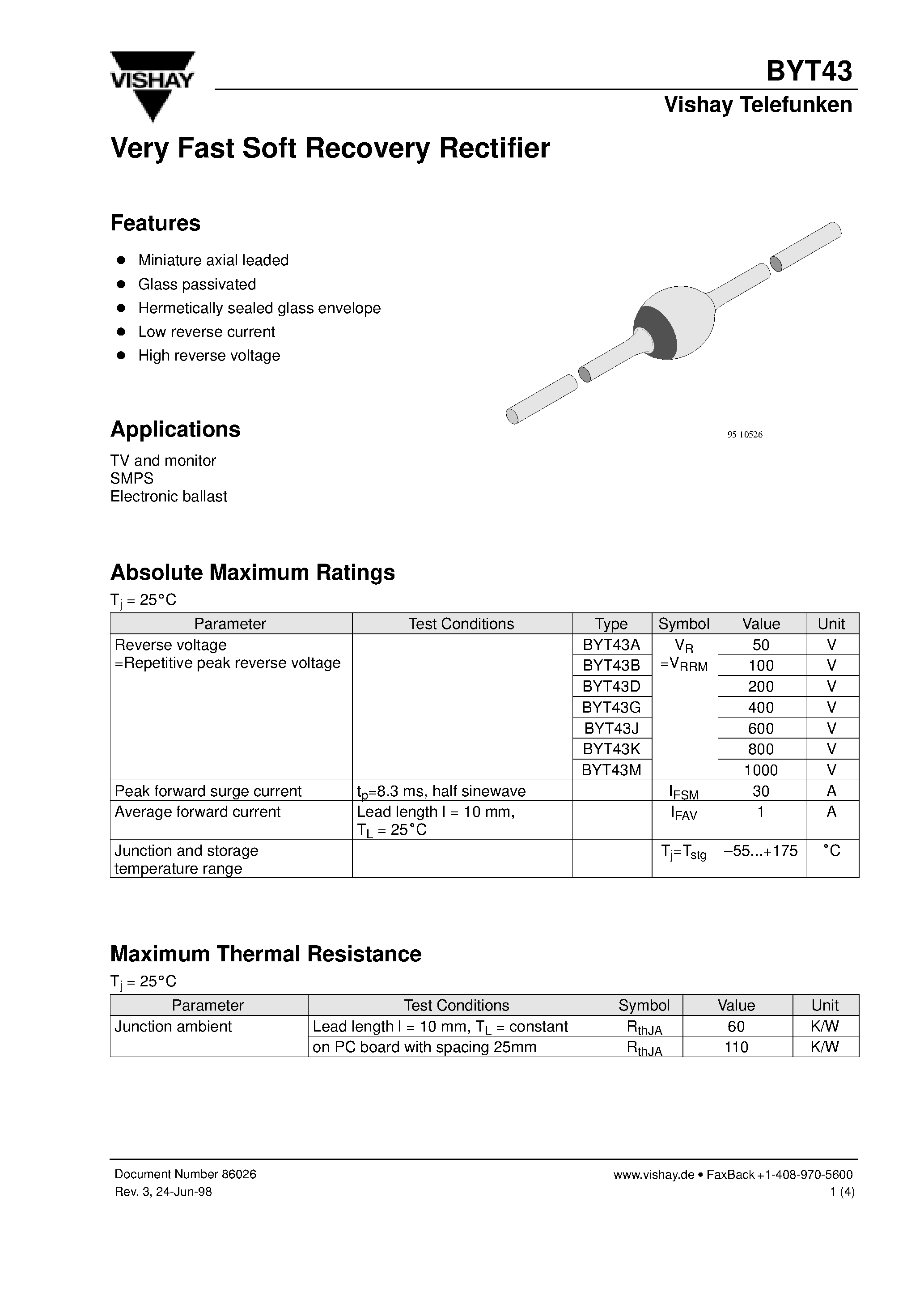 Datasheet BYT43 page 1 Datasheet BYT43 - Very Fast Soft Recovery Rectifier page 1
