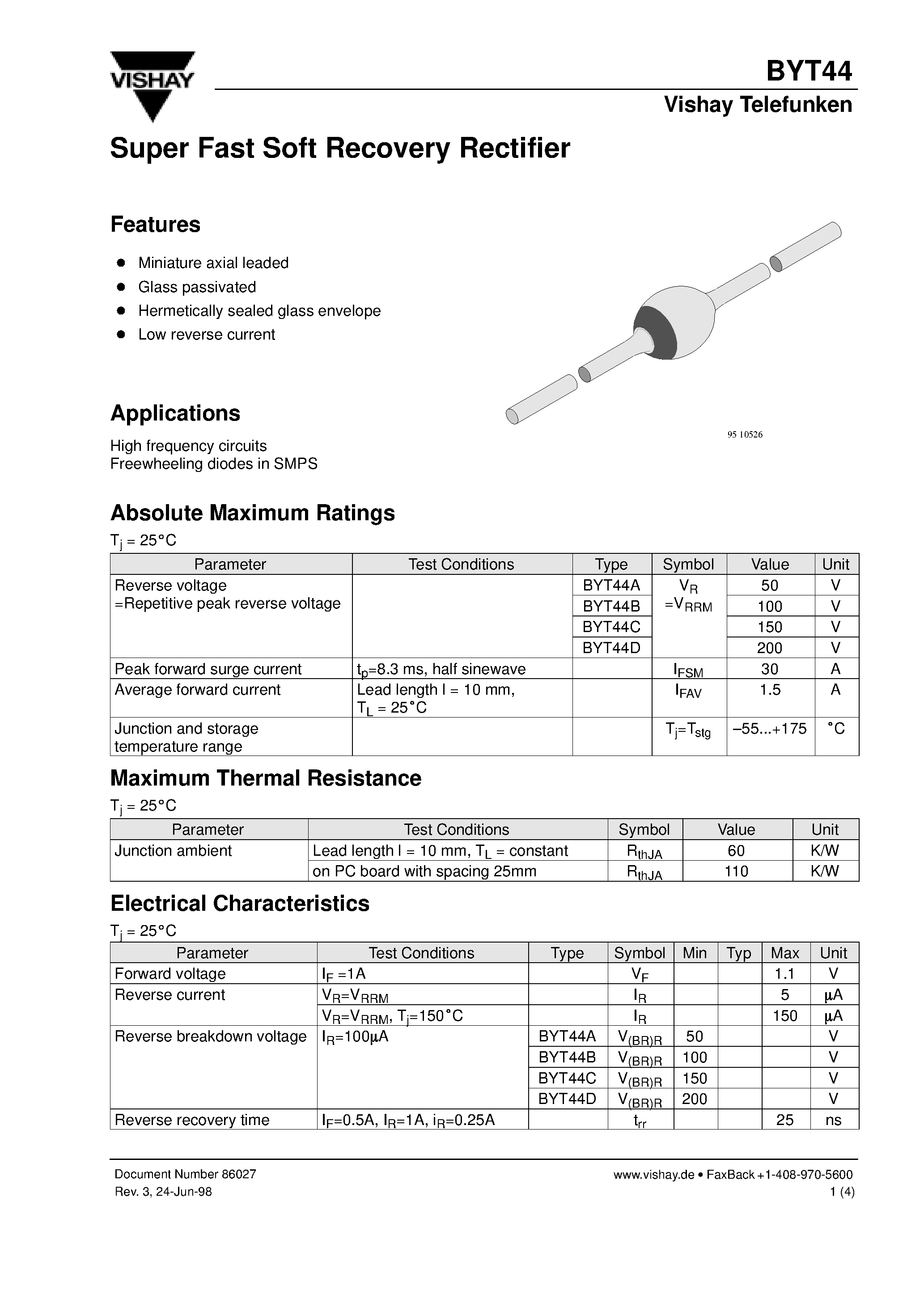 Datasheet BYT44B page 1 Datasheet BYT44B - Super Fast Soft Recovery Rectifier page 1