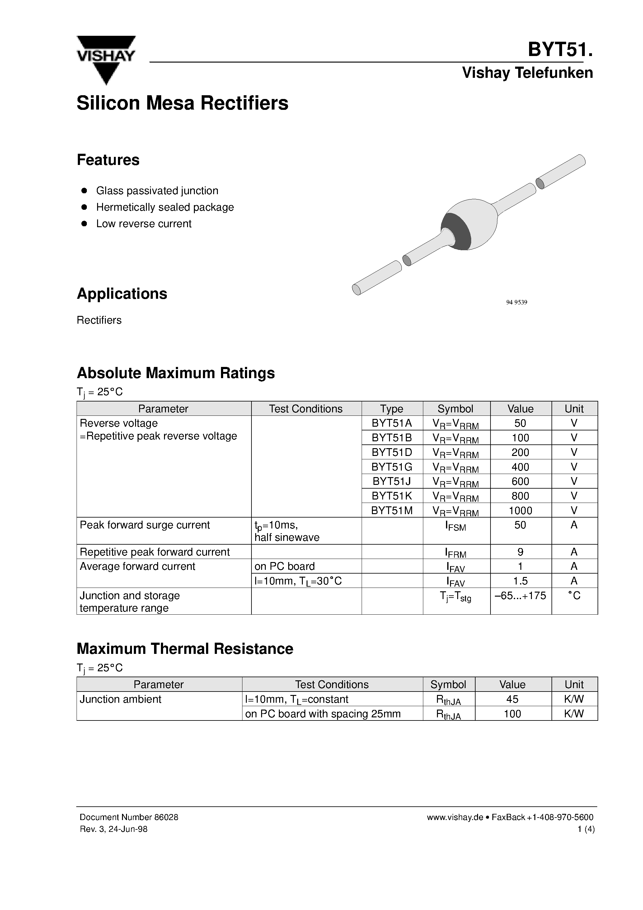 Datasheet BYT51M page 1 Datasheet BYT51M - Silicon Mesa Rectifiers page 1