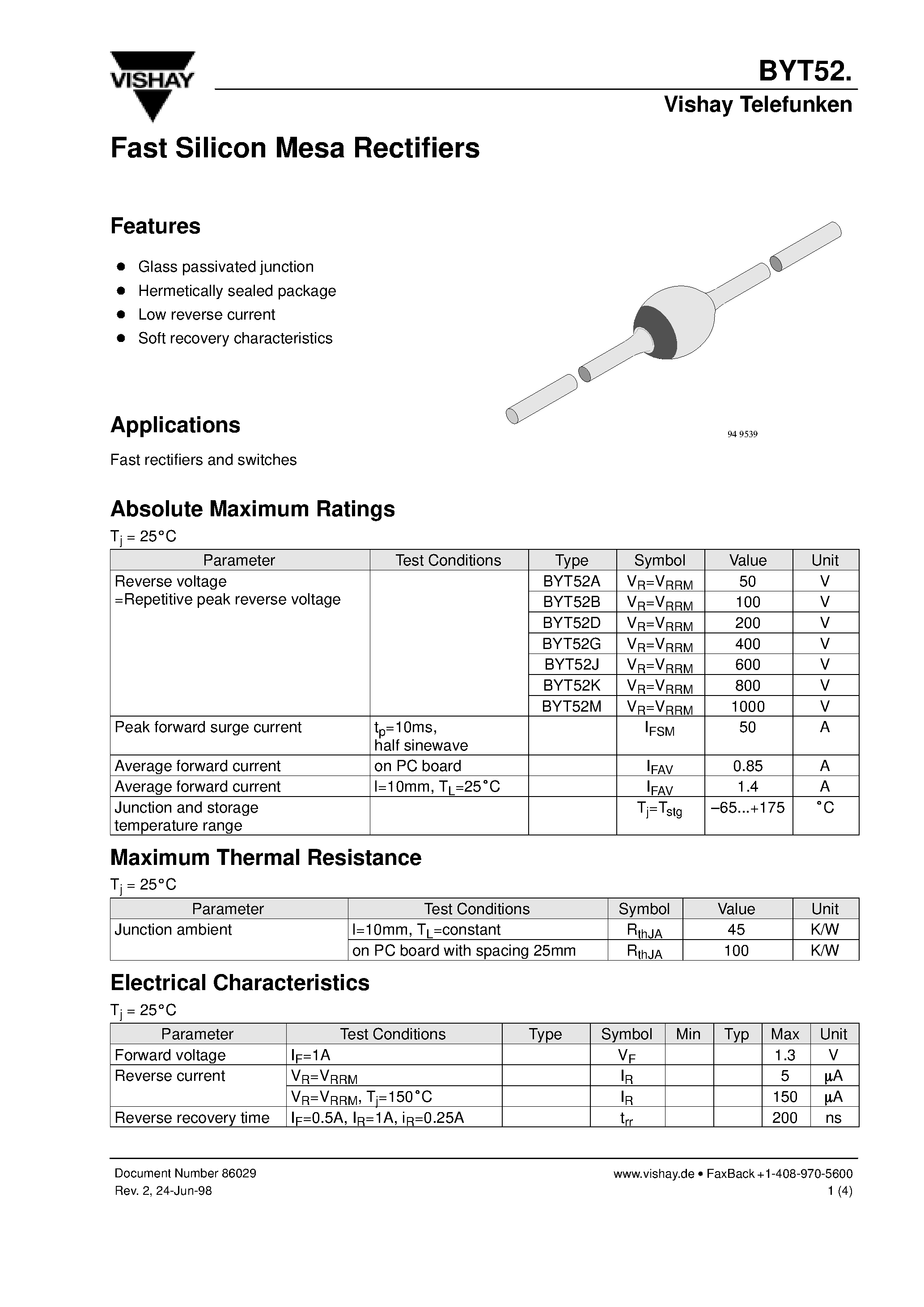 Datasheet BYT52B page 1 Datasheet BYT52B - Fast Silicon Mesa Rectifiers page 1
