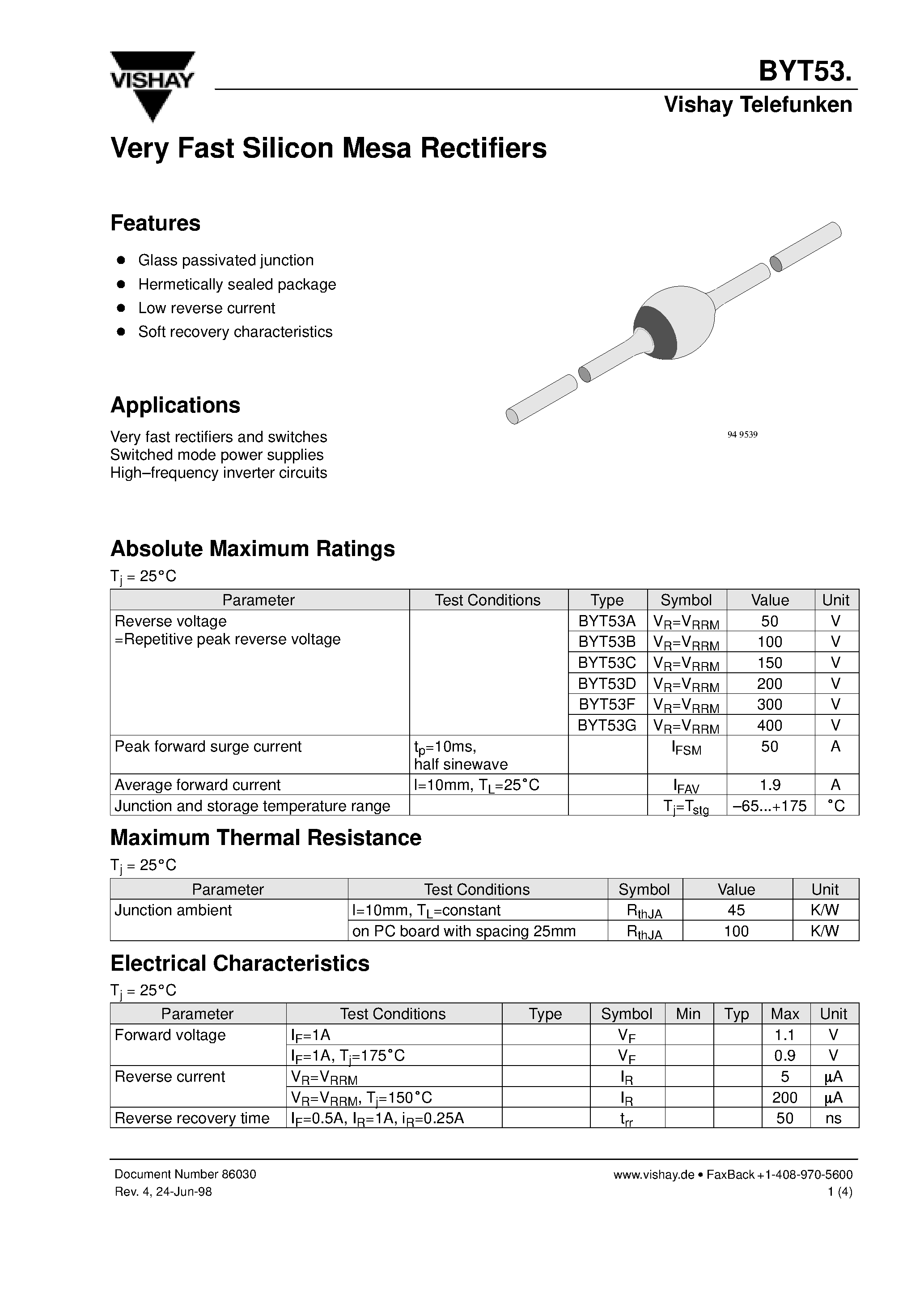 Datasheet BYT53G - Very Fast Silicon Mesa Rectifiers page 1