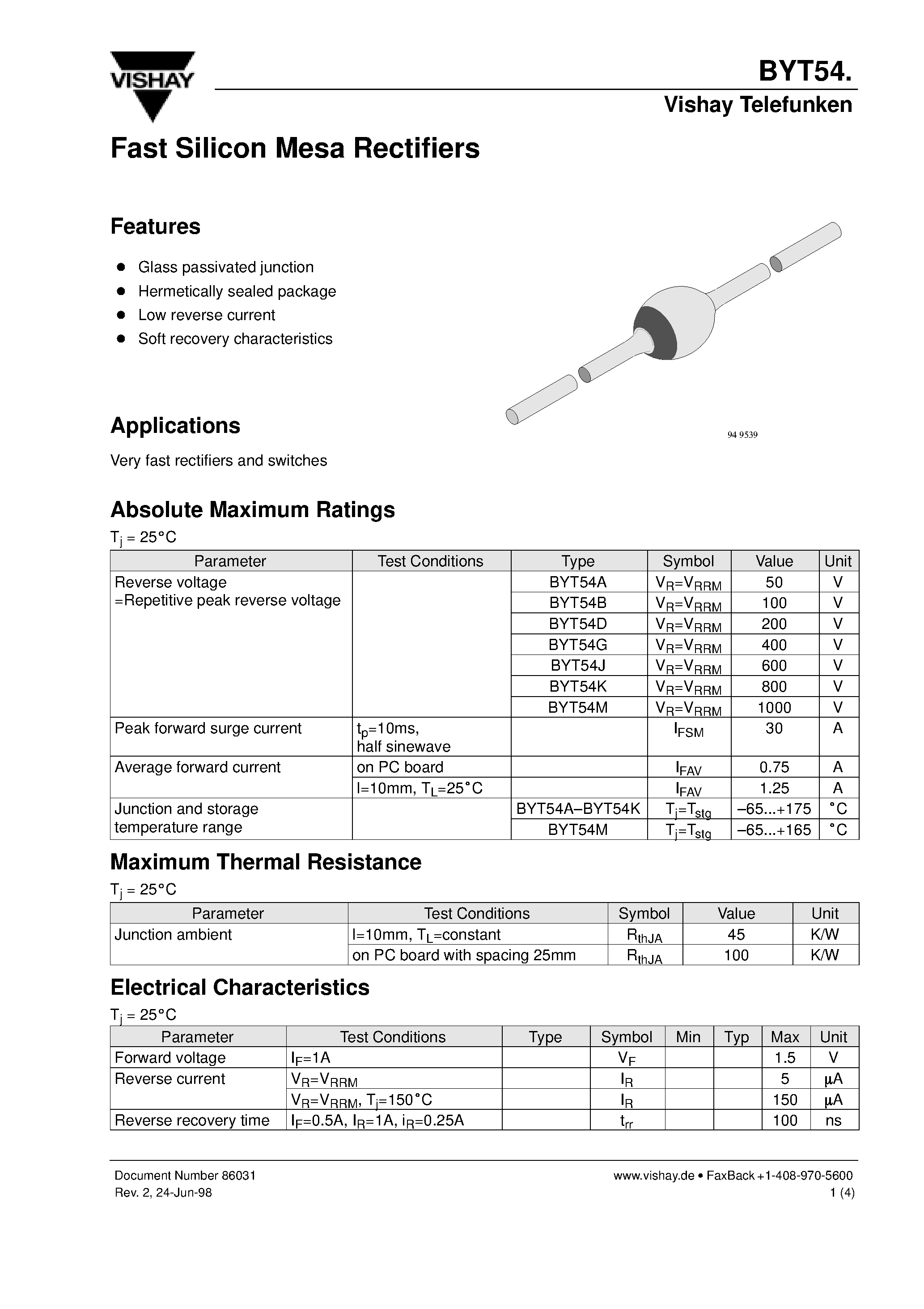 Datasheet BYT54J - Fast Silicon Mesa Rectifiers page 1