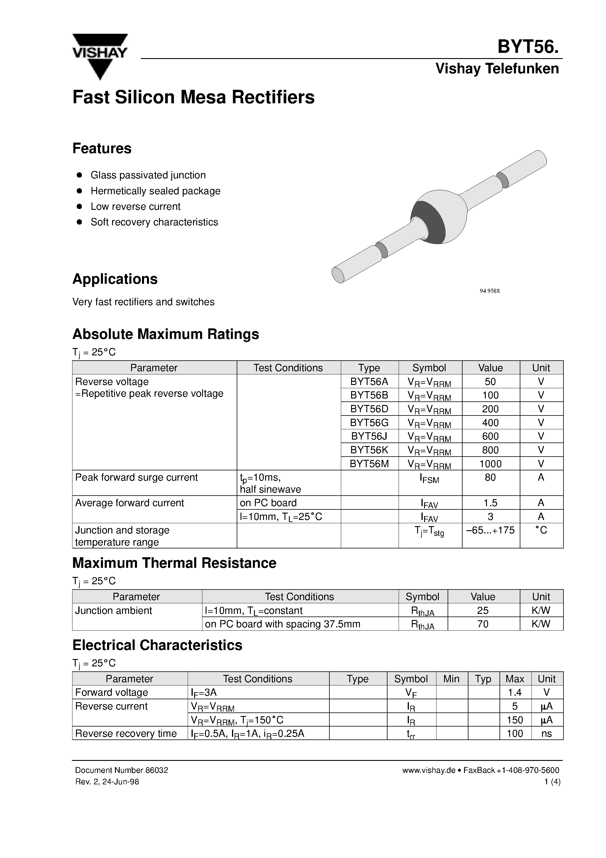 Datasheet BYT56M page 1 Datasheet BYT56M - Fast Silicon Mesa Rectifiers page 1
