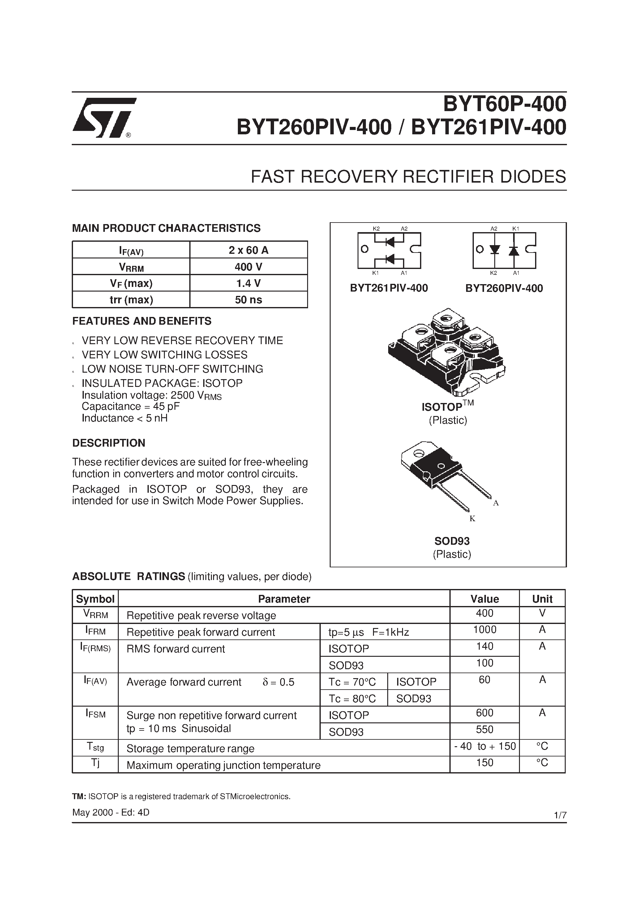 Datasheet BYT60P-400 page 1 Datasheet BYT60P-400 - FAST RECOVERY RECTIFIER DIODES page 1