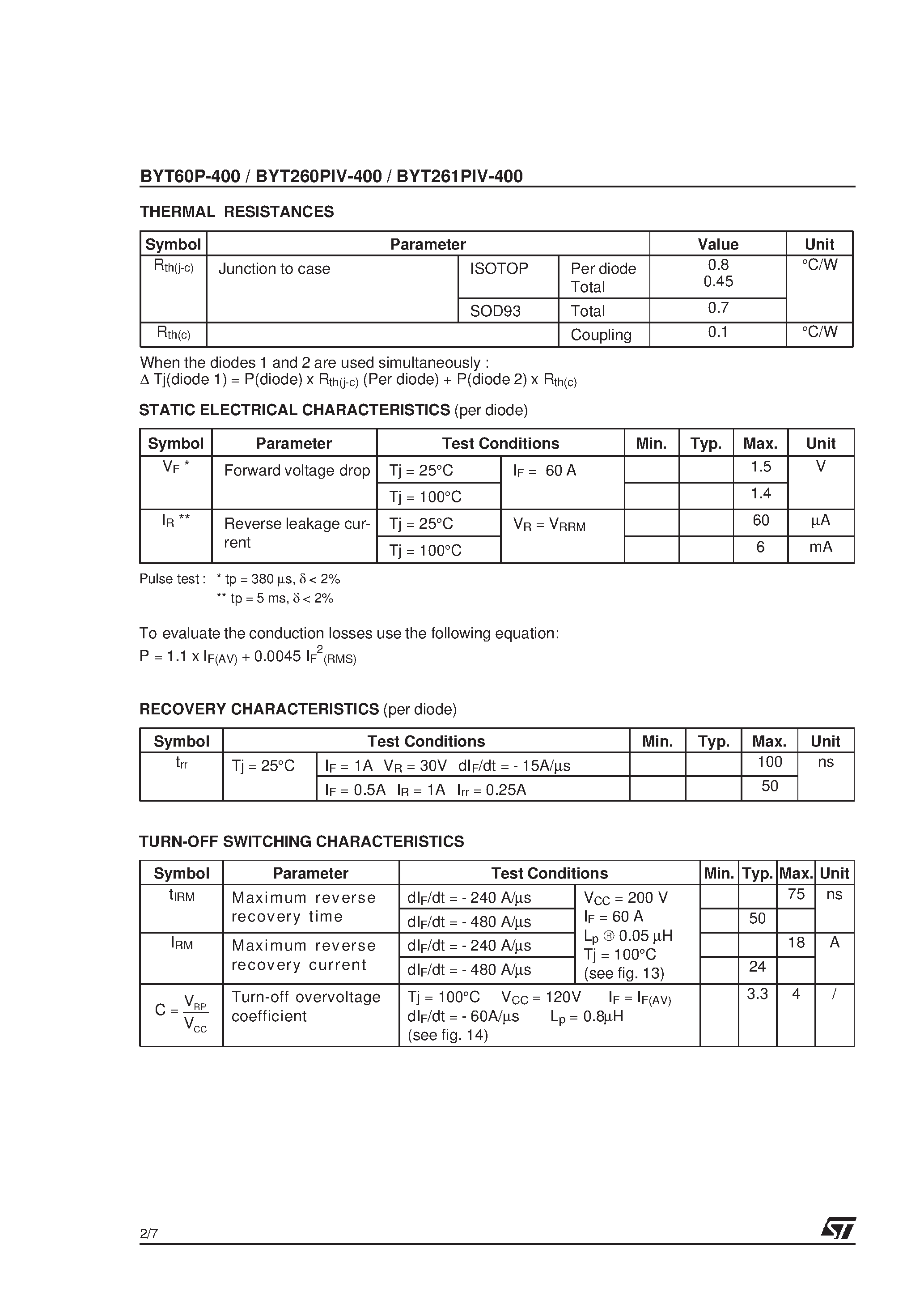 Datasheet BYT60P-400 page 2 Datasheet BYT60P-400 - FAST RECOVERY RECTIFIER DIODES page 2