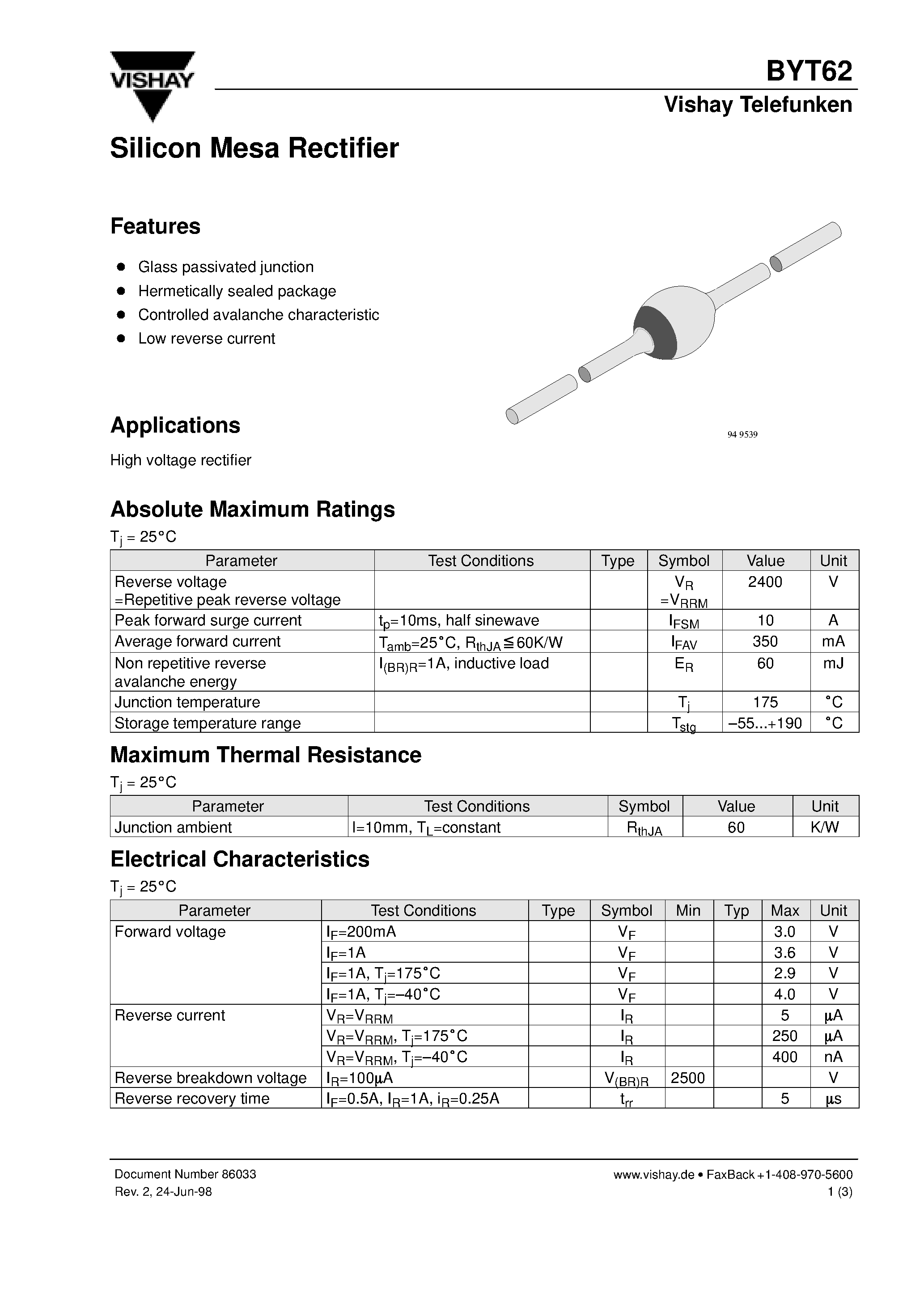 Datasheet BYT62 page 1 Datasheet BYT62 - Silicon Mesa Rectifier page 1