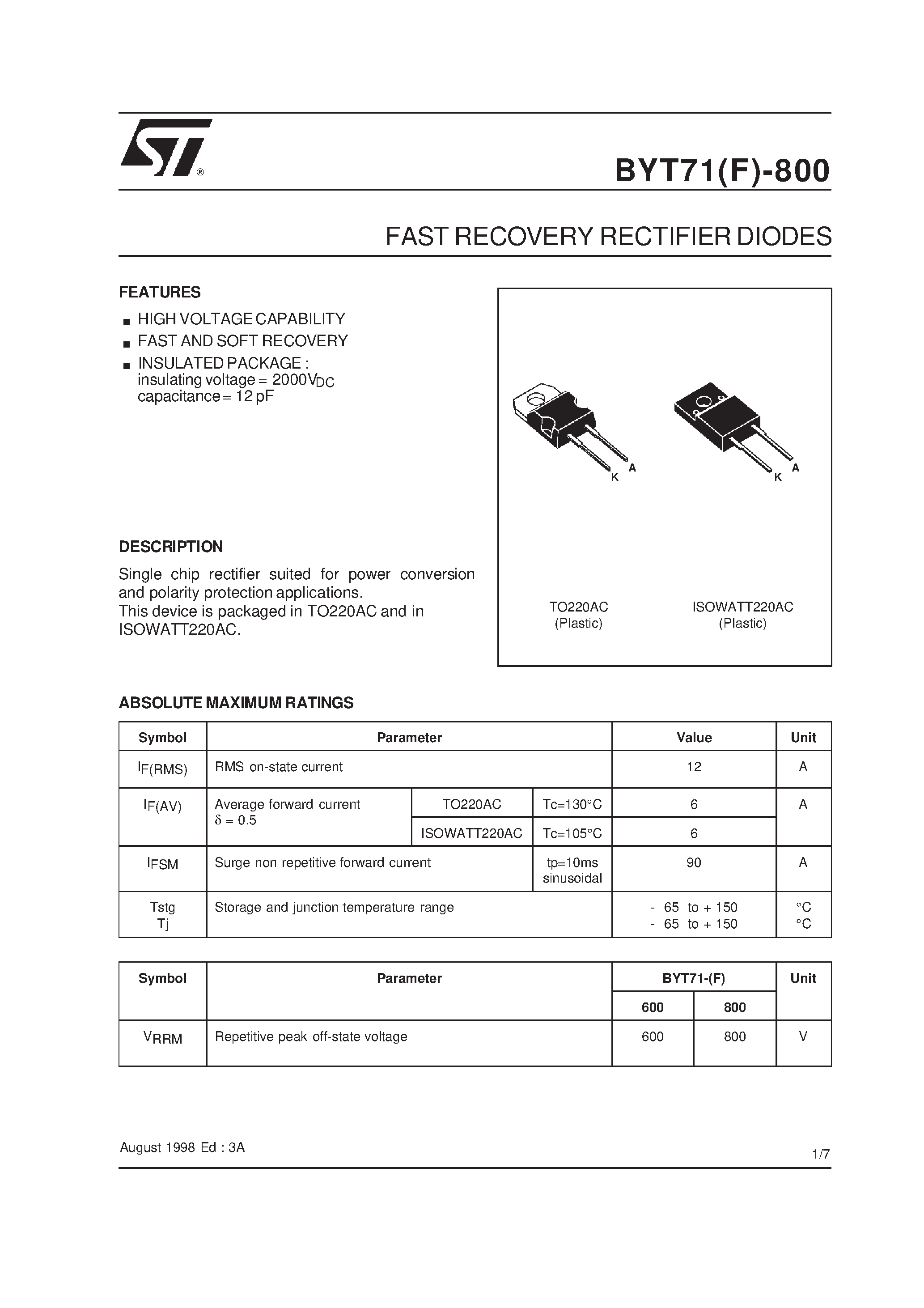 Datasheet BYT71F-800 page 1 Datasheet BYT71F-800 - FAST RECOVERY RECTIFIER DIODES page 1