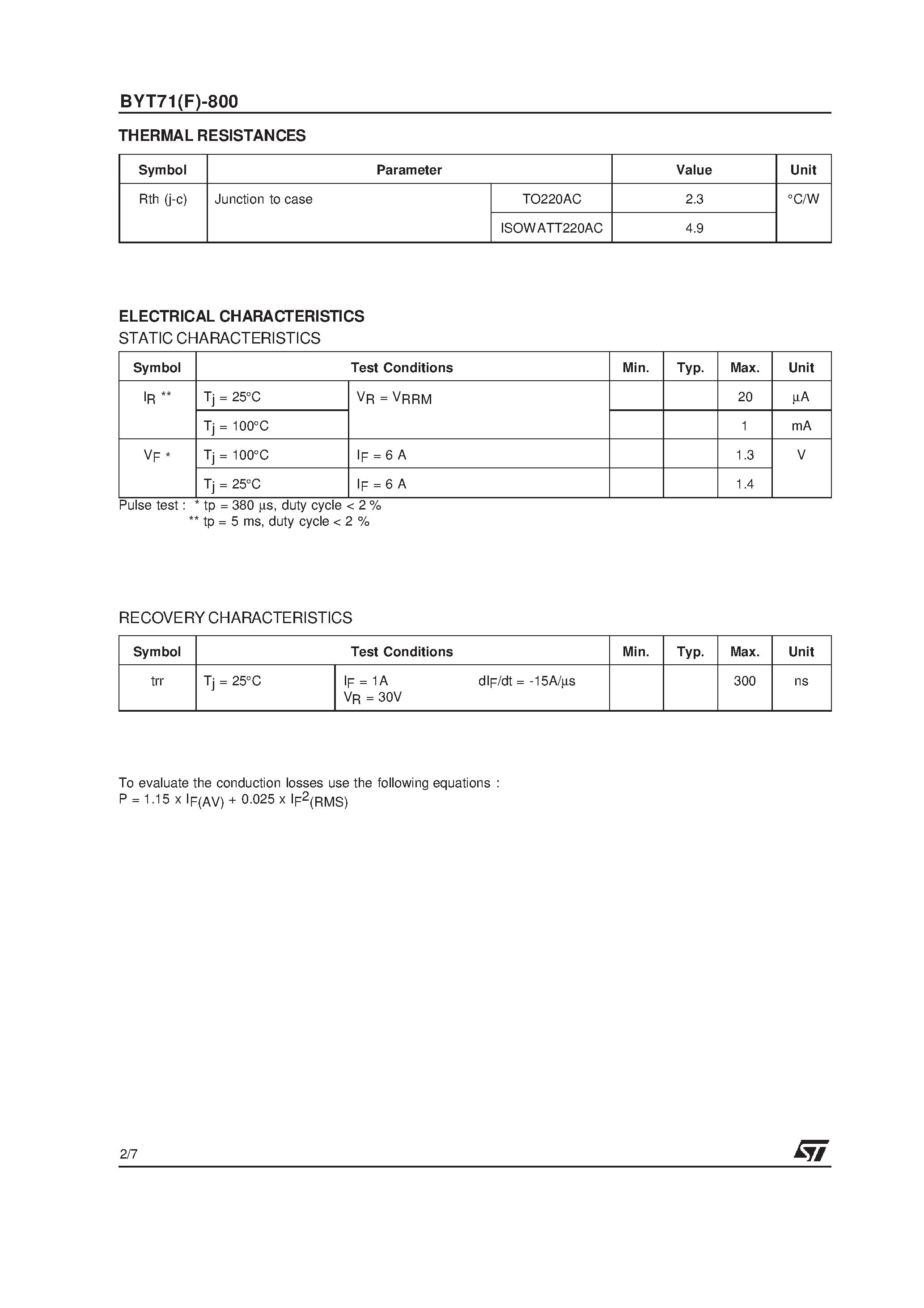 Datasheet BYT71F-800 page 2 Datasheet BYT71F-800 - FAST RECOVERY RECTIFIER DIODES page 2