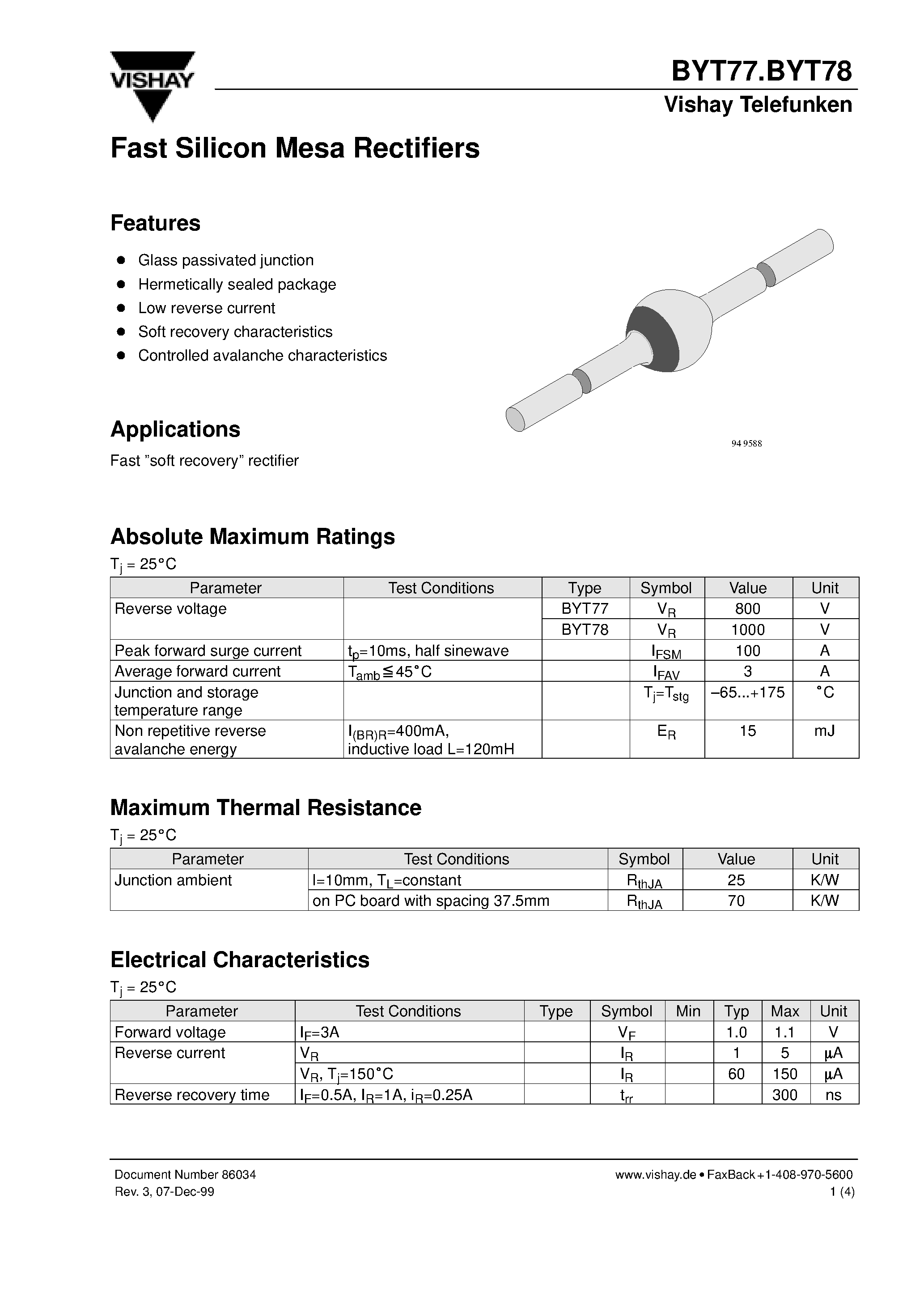 Datasheet BYT77 page 1 Datasheet BYT77 - Fast Silicon Mesa Rectifiers page 1