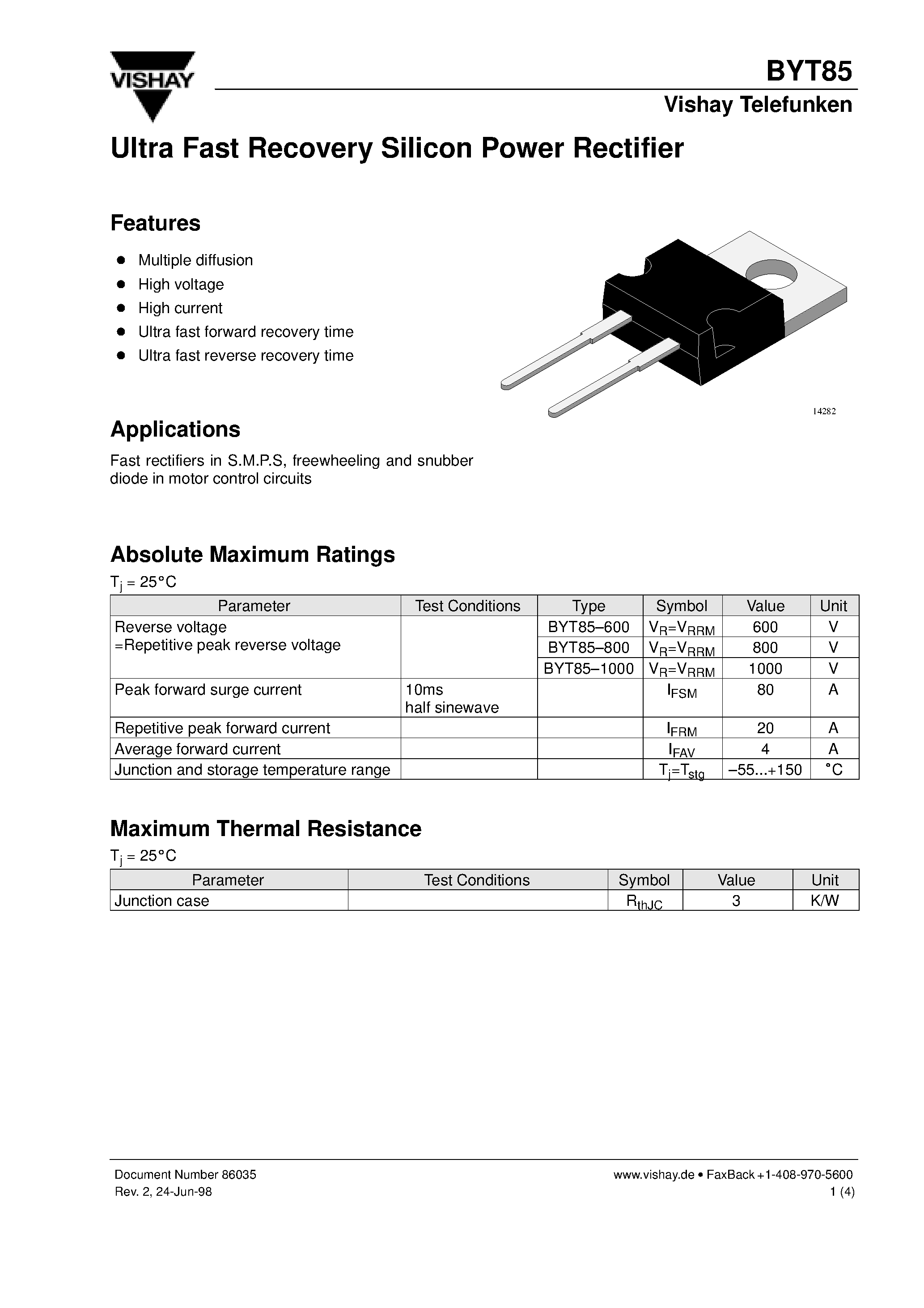 Datasheet BYT85 page 1 Datasheet BYT85 - Ultra Fast Recovery Silicon Power Rectifier page 1