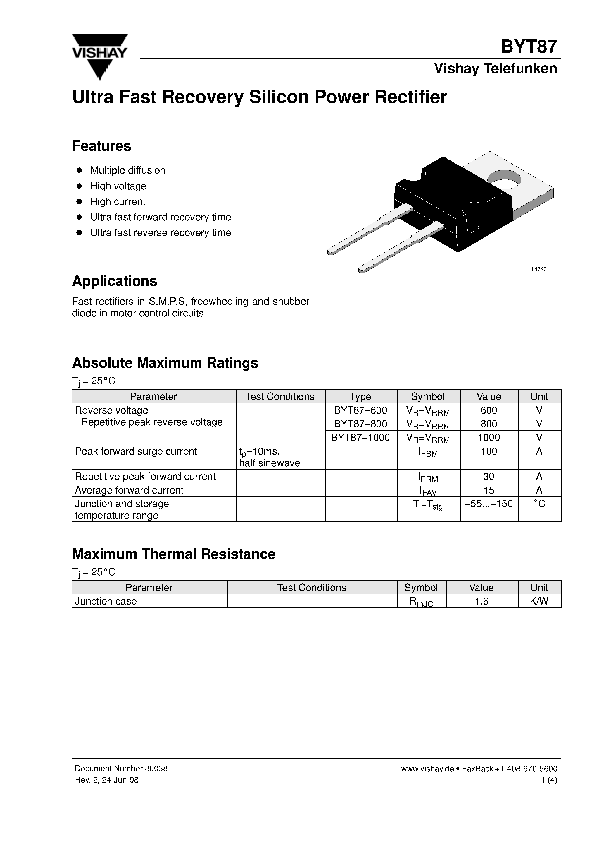 Datasheet BYT87-800 - Ultra Fast Recovery Silicon Power Rectifier page 1