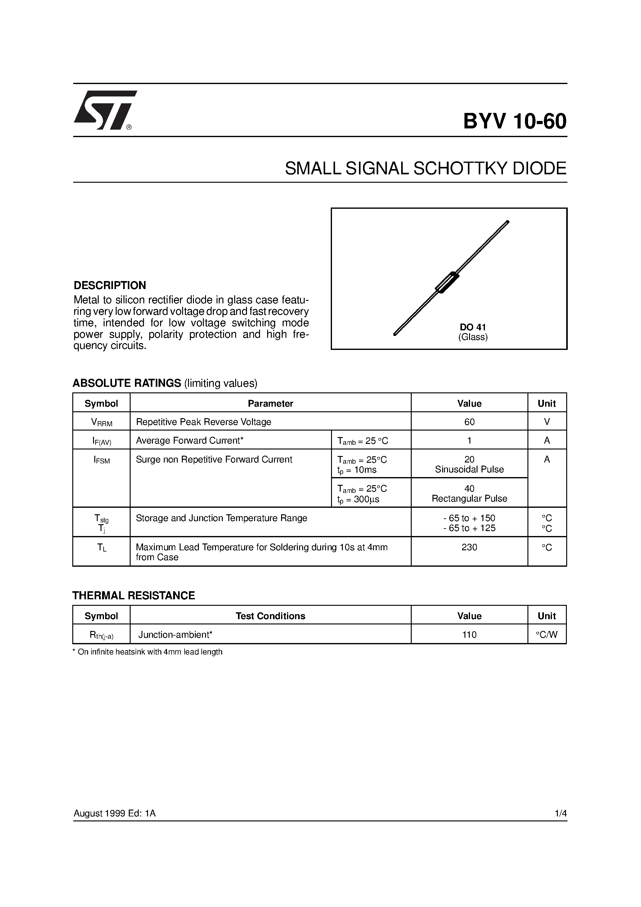 Datasheet BYV10-60 page 1 Datasheet BYV10-60 - SMALL SIGNAL SCHOTTKY DIODE page 1