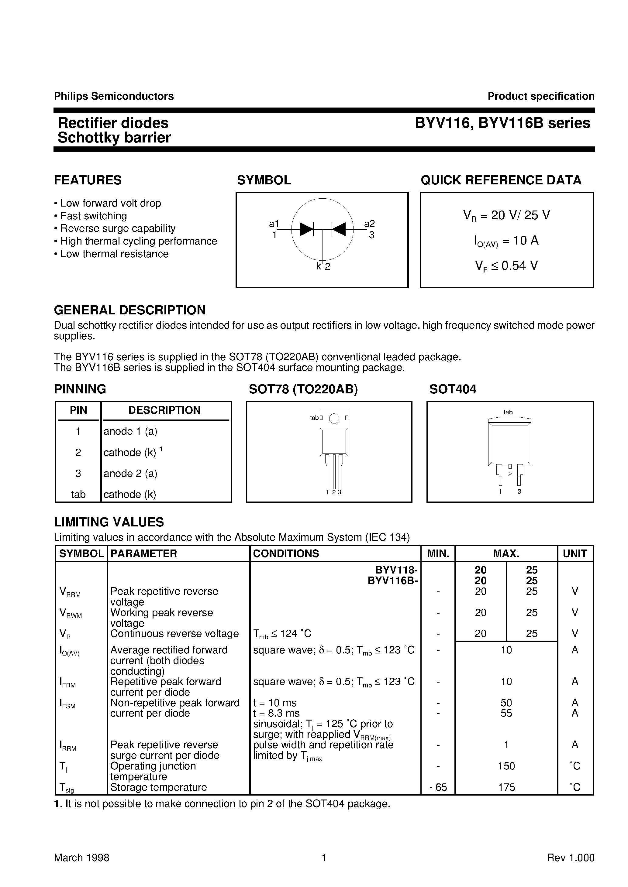 Datasheet BYV116B-25 - Rectifier diodes Schottky barrier page 1