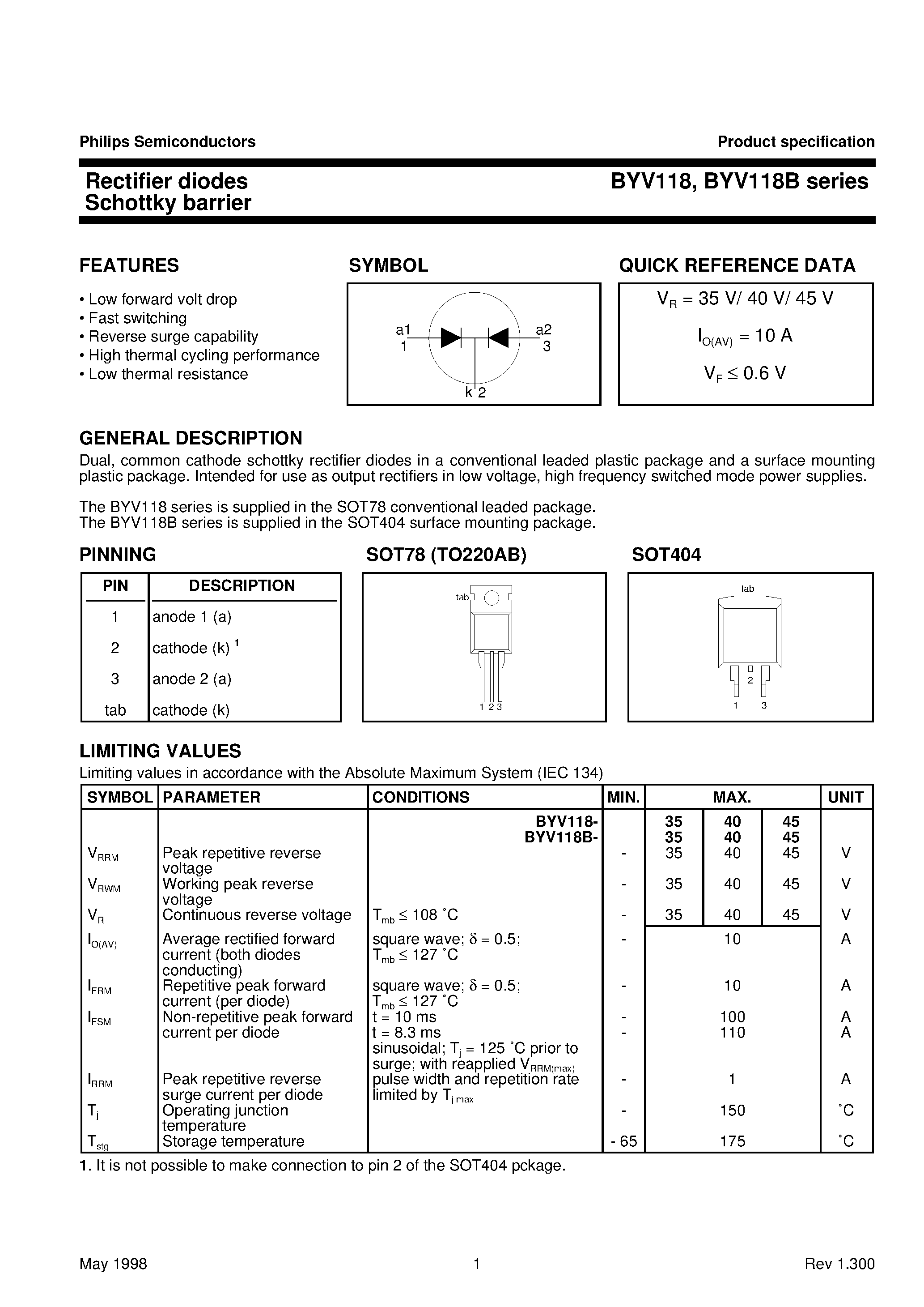 Datasheet BYV118-45 page 1 Datasheet BYV118-45 - Rectifier diodes Schottky barrier page 1