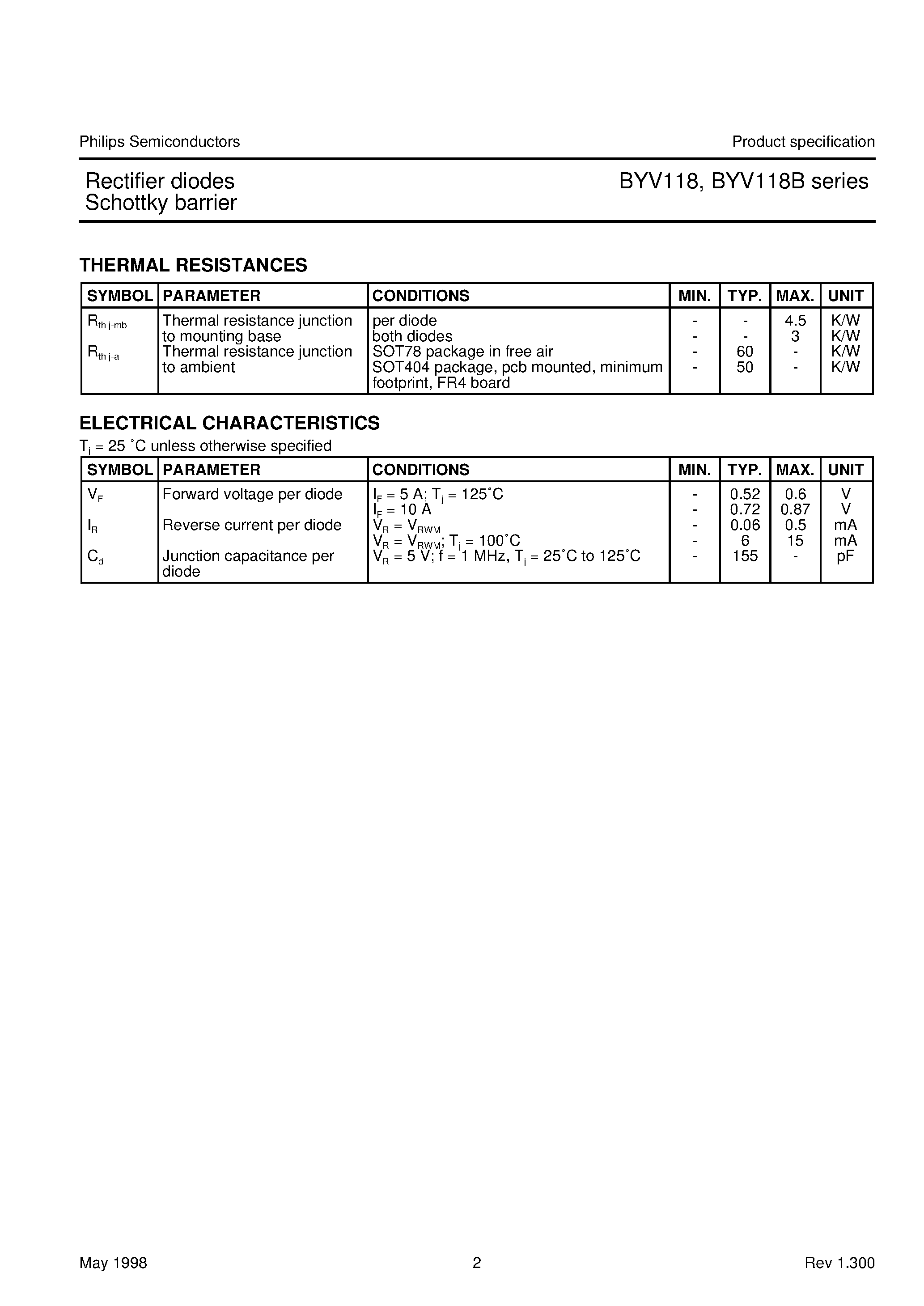 Datasheet BYV118-45 page 2 Datasheet BYV118-45 - Rectifier diodes Schottky barrier page 2