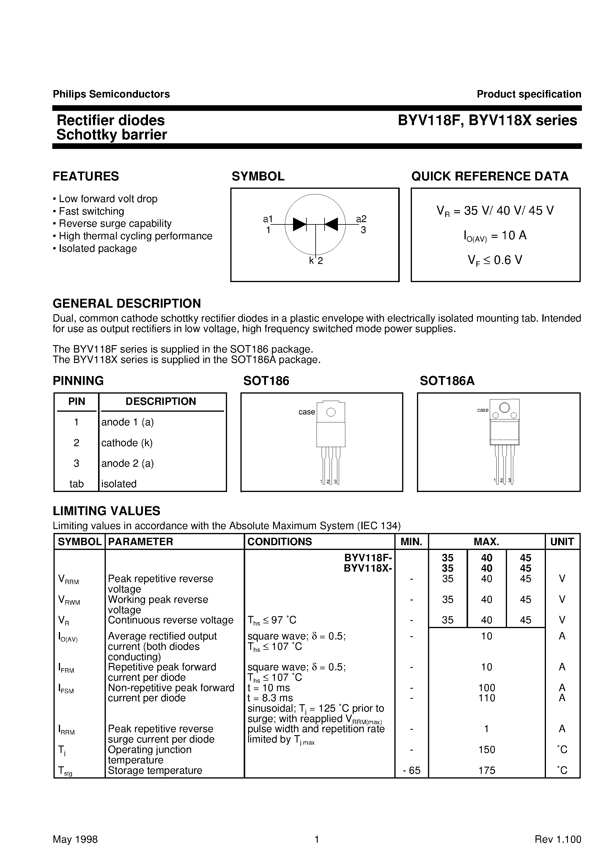 Datasheet BYV118F-35 page 1 Datasheet BYV118F-35 - Rectifier diodes Schottky barrier page 1