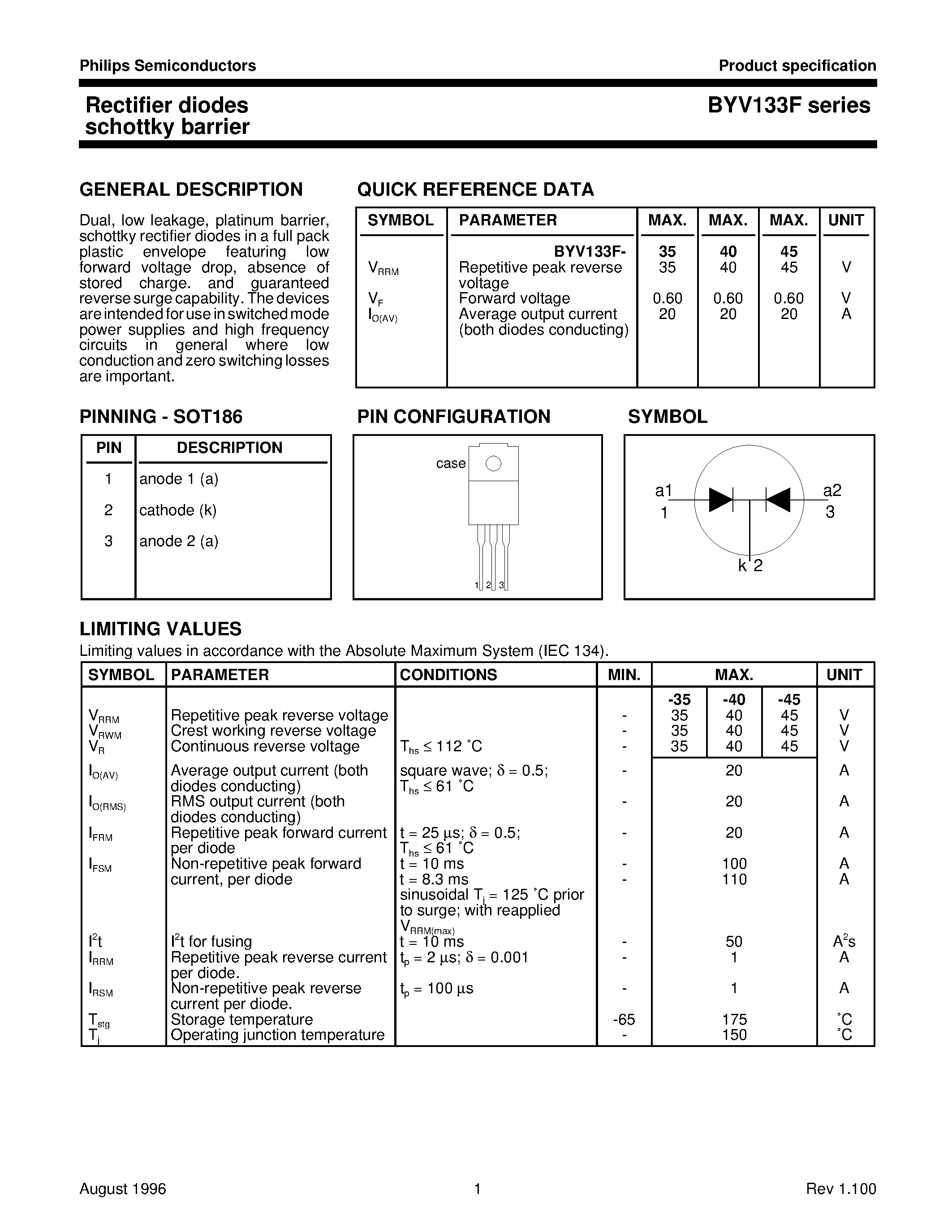 Datasheet BYV133F-40 page 1 Datasheet BYV133F-40 - Rectifier diodes schottky barrier page 1