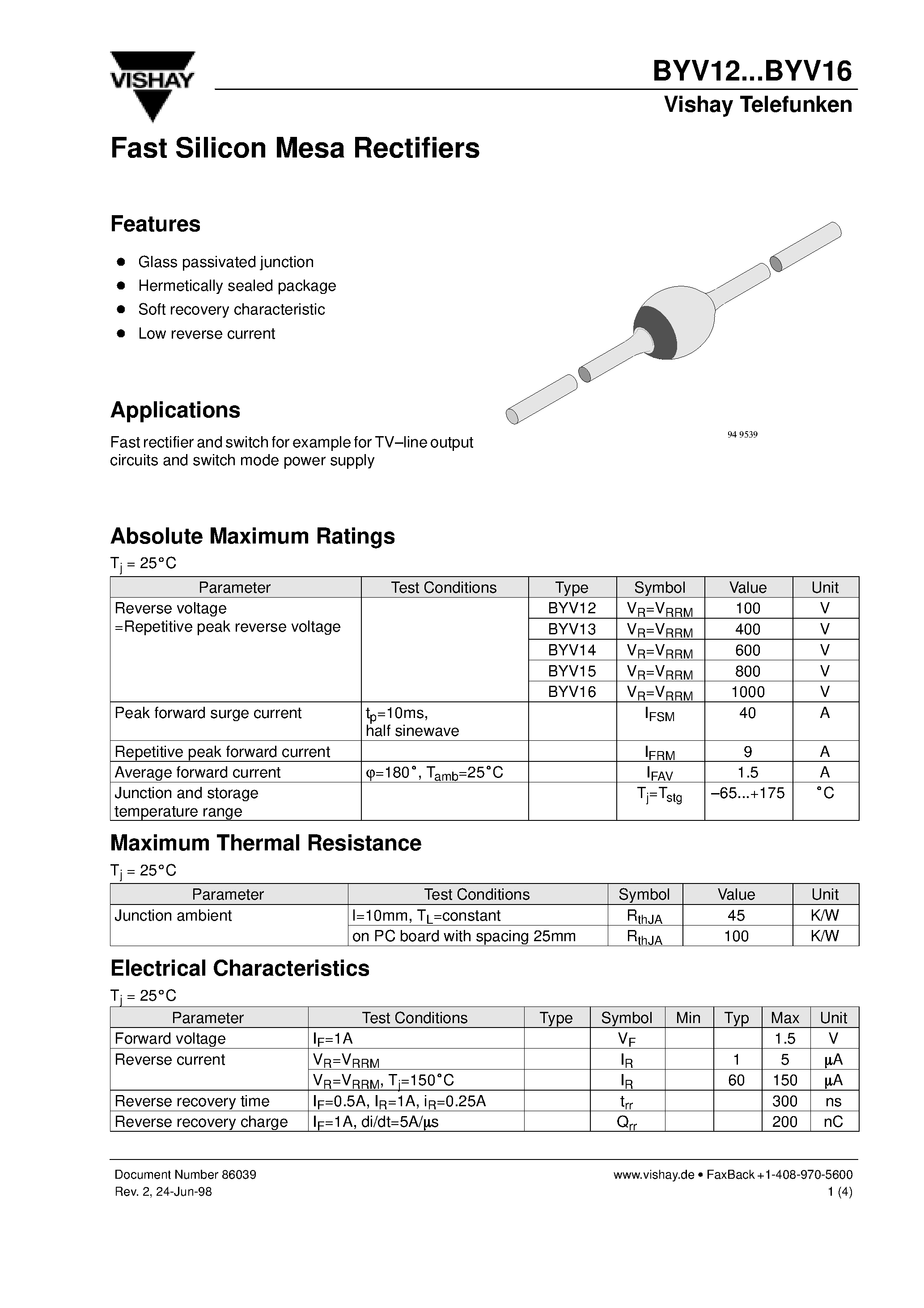 Datasheet BYV14 page 1 Datasheet BYV14 - Fast Silicon Mesa Rectifiers page 1
