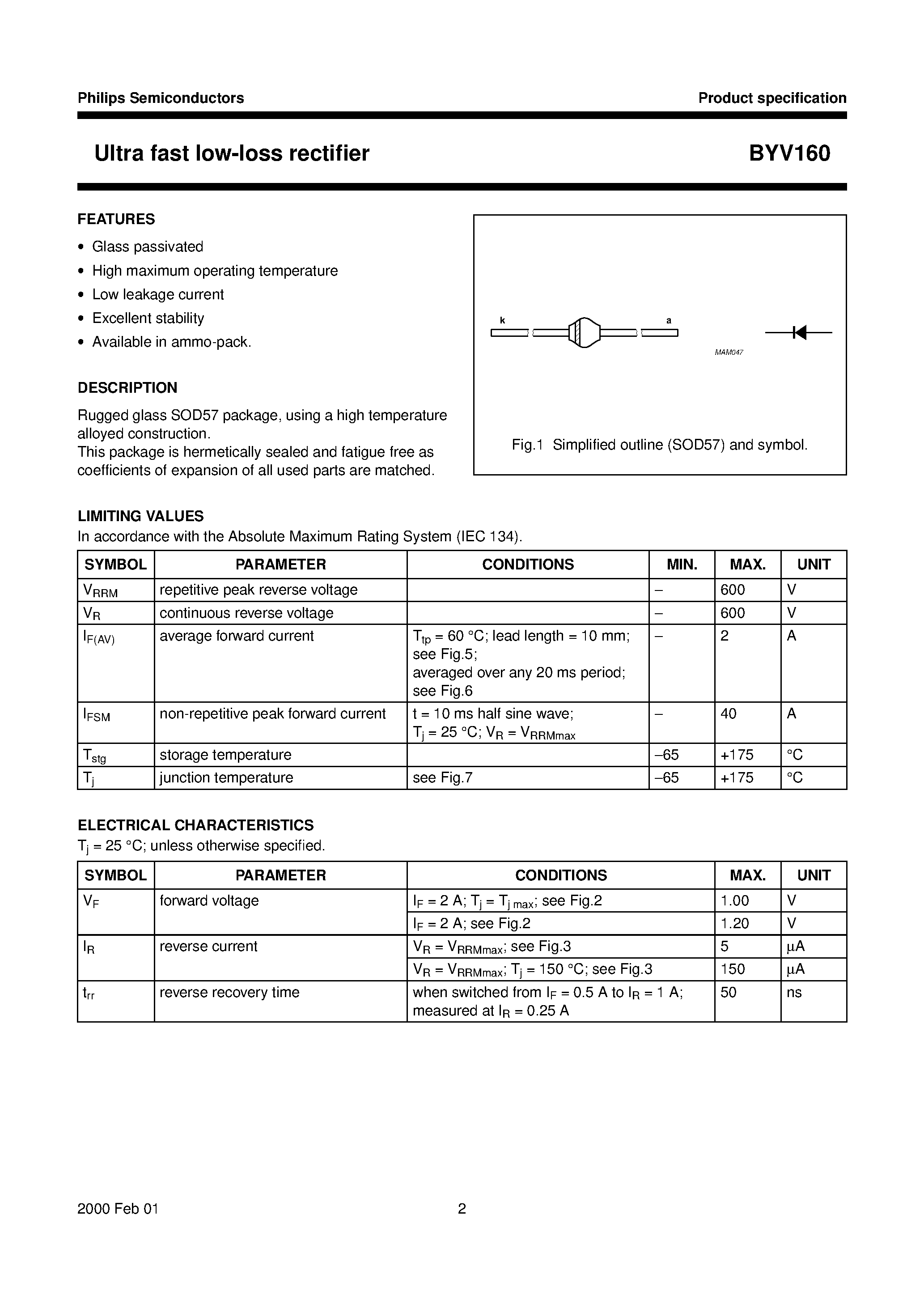 Datasheet BYV160 page 2 Datasheet BYV160 - Ultra fast low-loss rectifier page 2