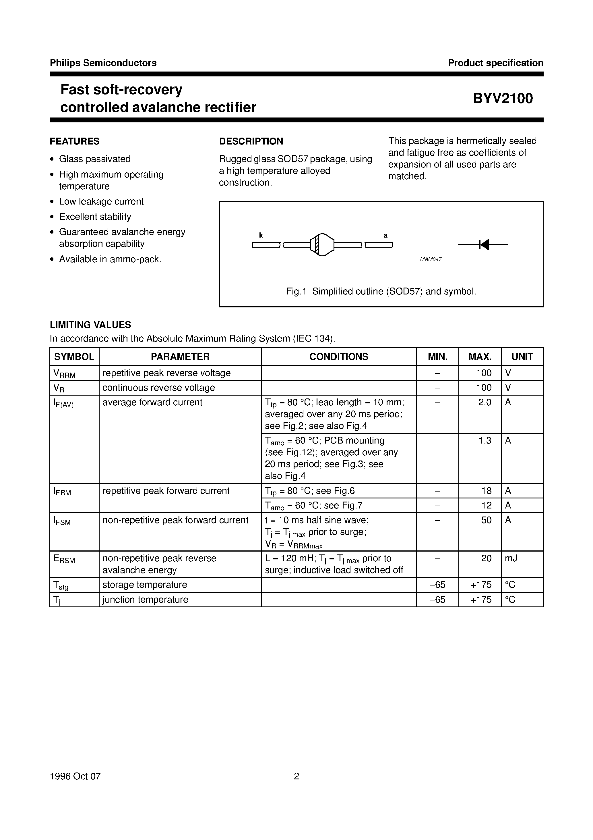 Datasheet BYV2100 page 2 Datasheet BYV2100 - Fast soft-recovery controlled avalanche rectifier page 2