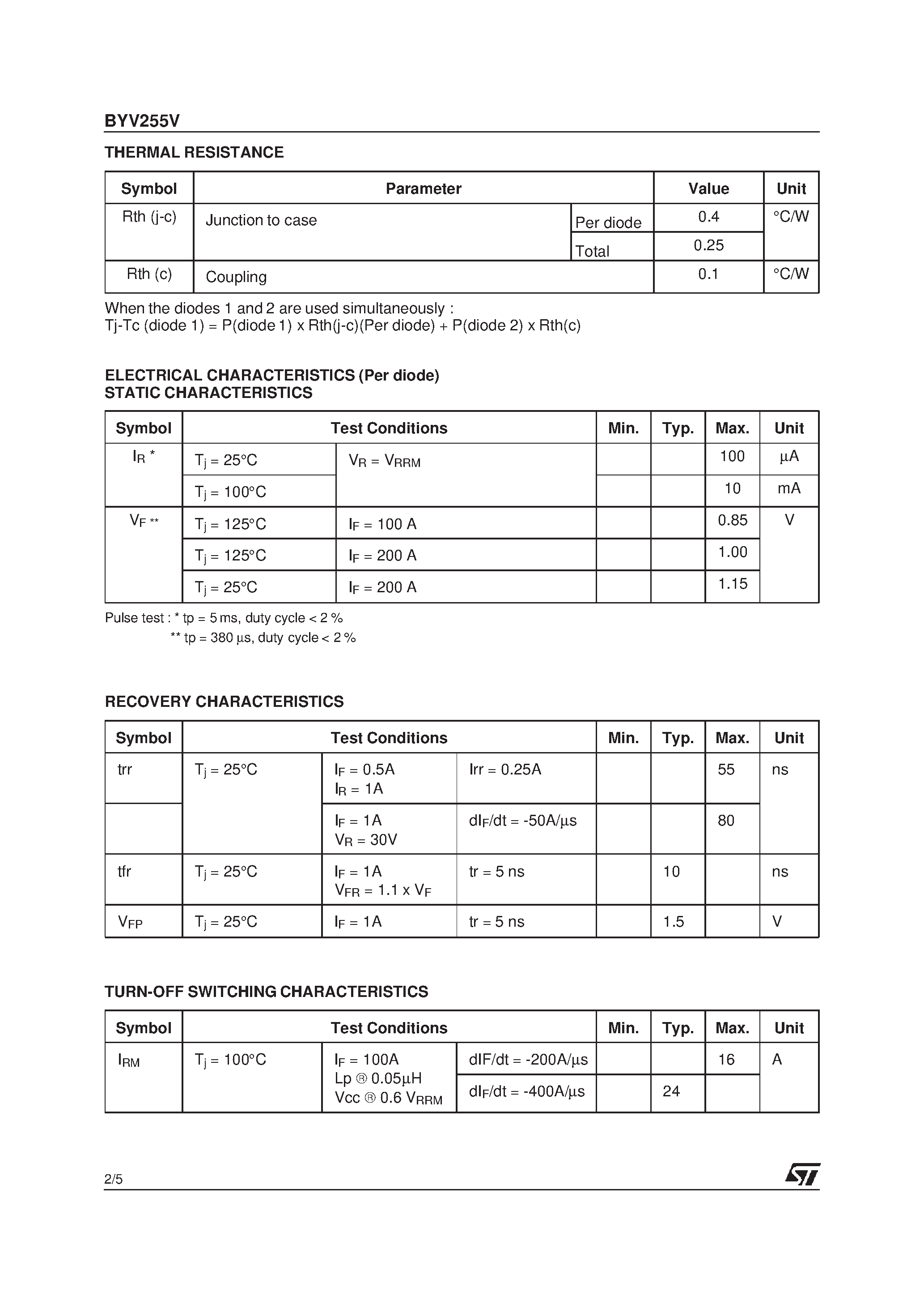Datasheet BYV255V page 2 Datasheet BYV255V - HIGH EFFICIENCY FAST RECOVERY RECTIFIER DIODES page 2