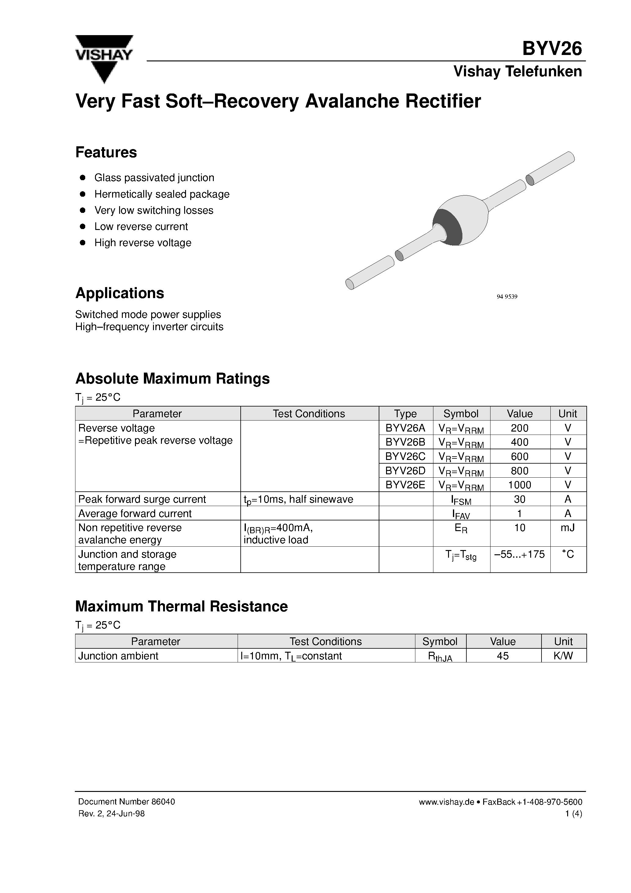 Datasheet BYV26A page 1 Datasheet BYV26A - Very Fast Soft-Recovery Avalanche Rectifier page 1