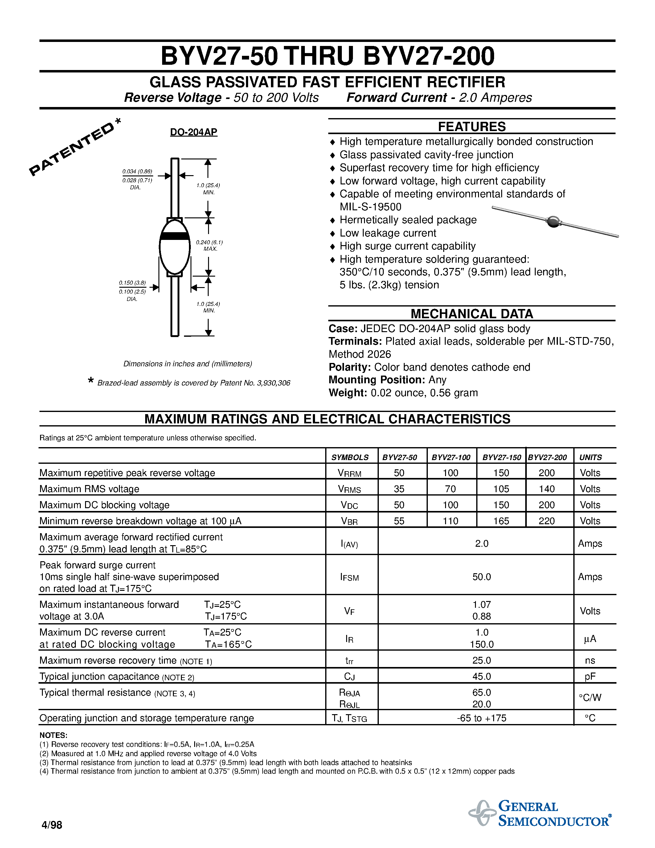 Datasheet BYV27-150 - GLASS PASSIVATED FAST EFFICIENT RECTIFIER page 1