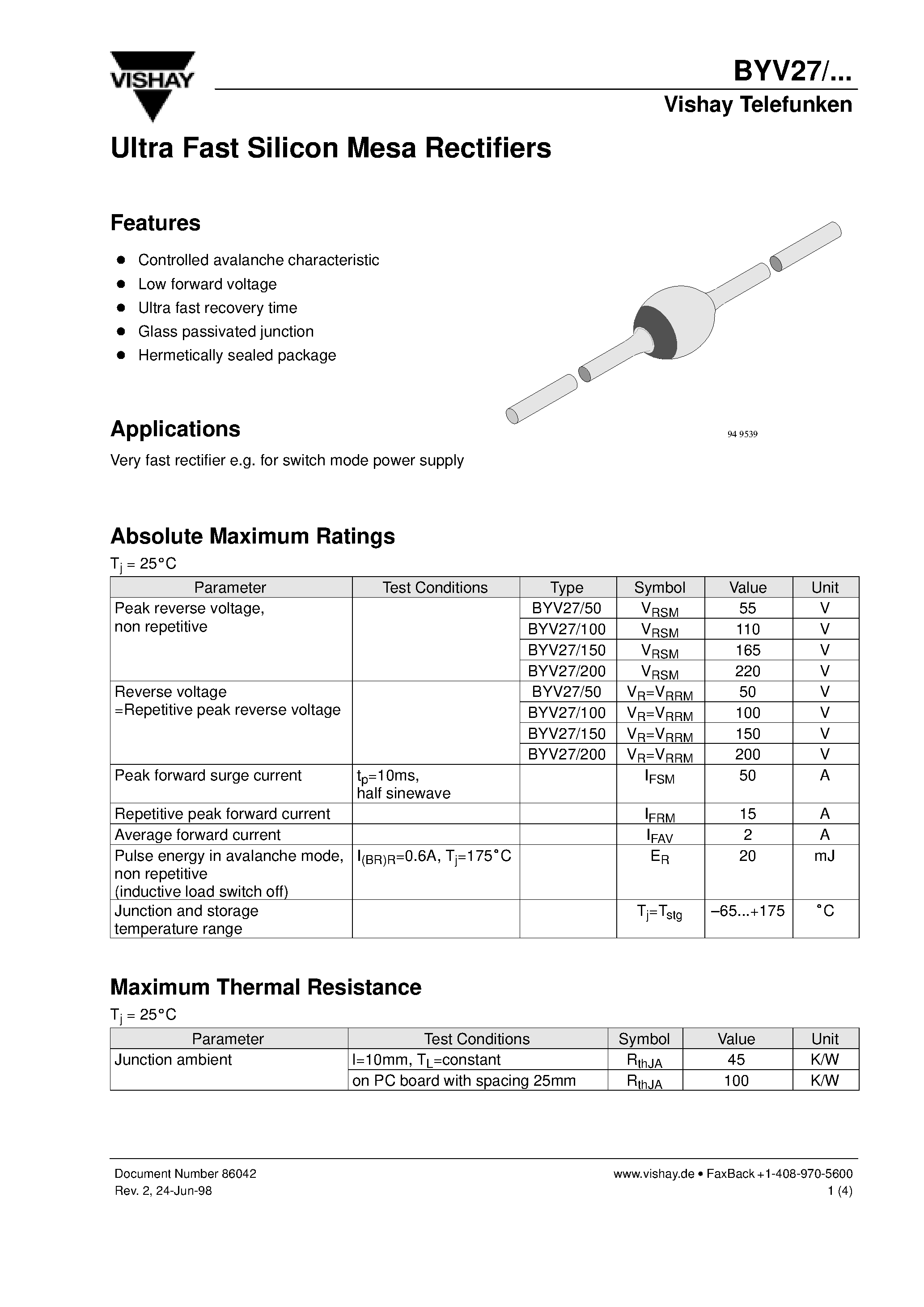 Datasheet BYV27-200 page 1 Datasheet BYV27-200 - Ultra Fast Silicon Mesa Rectifiers page 1