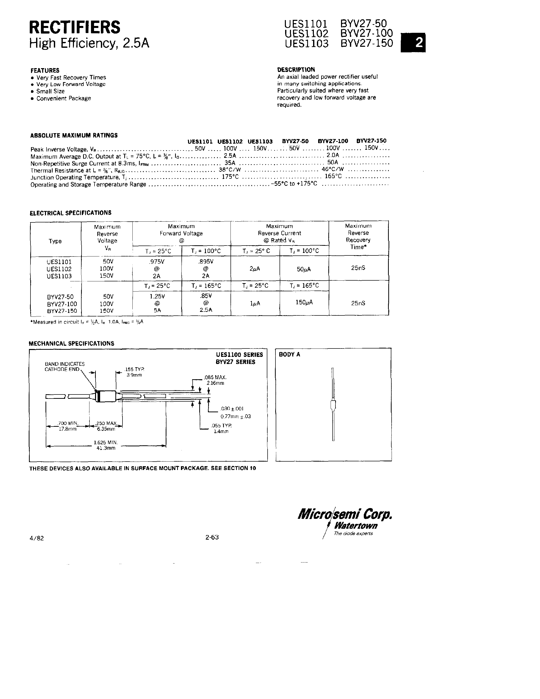 Datasheet BYV27-50 page 1 Datasheet BYV27-50 - RECTIFIERS page 1