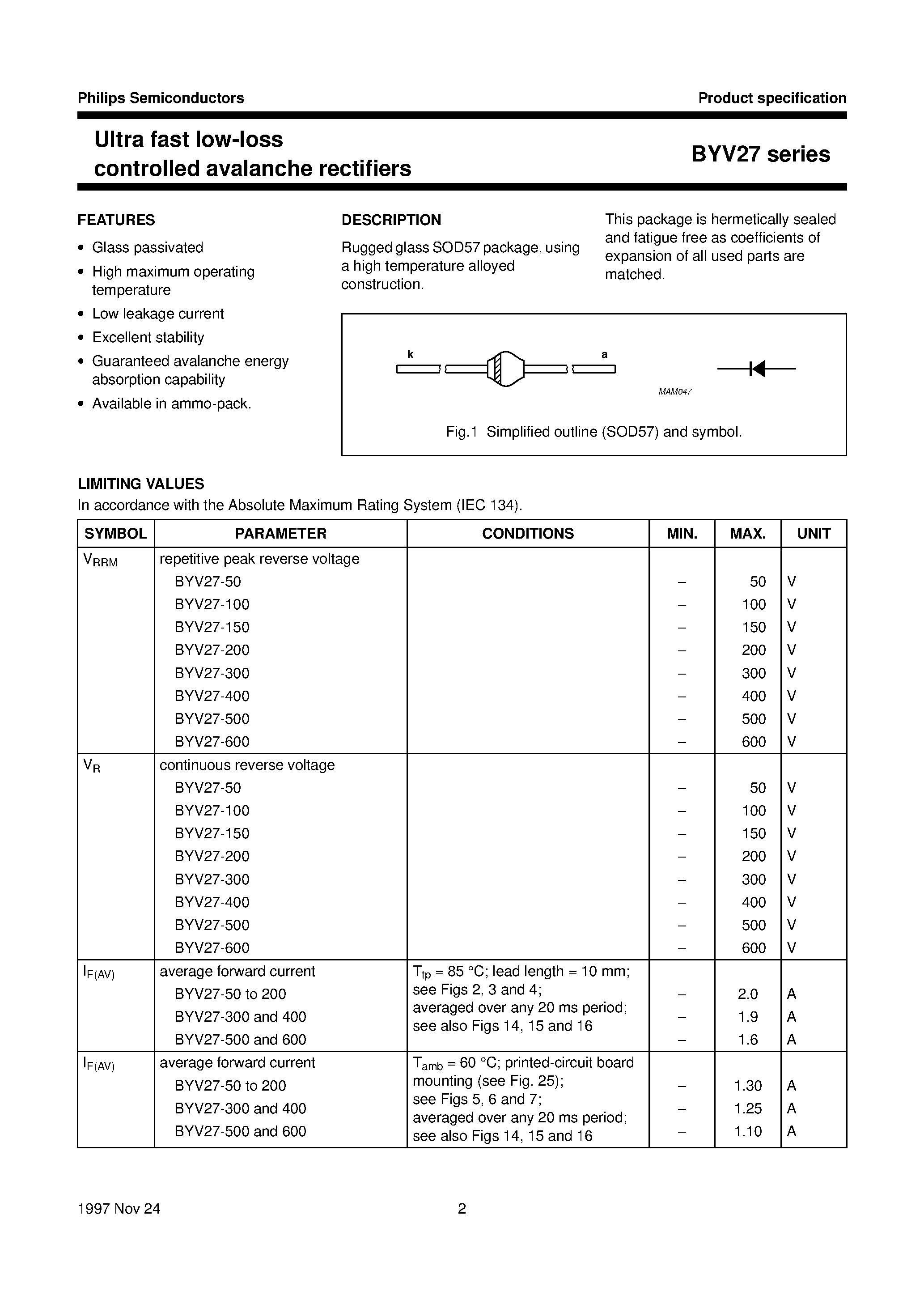 Datasheet BYV27-600 page 2 Datasheet BYV27-600 - Ultra fast low-loss controlled avalanche rectifiers page 2