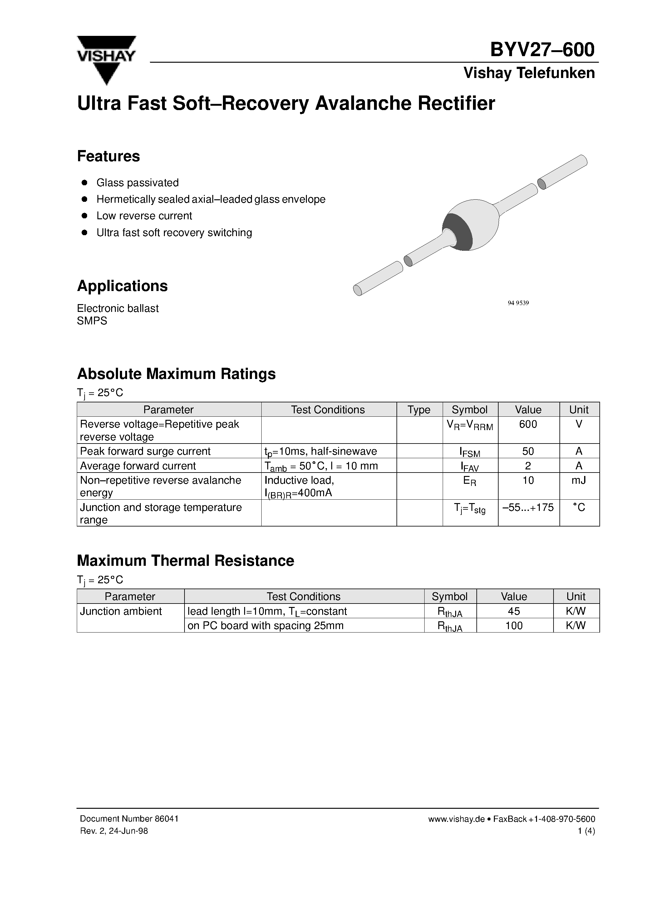 Datasheet BYV27600 page 1 Datasheet BYV27600 - Ultra Fast Soft-Recovery Avalanche Rectifier page 1