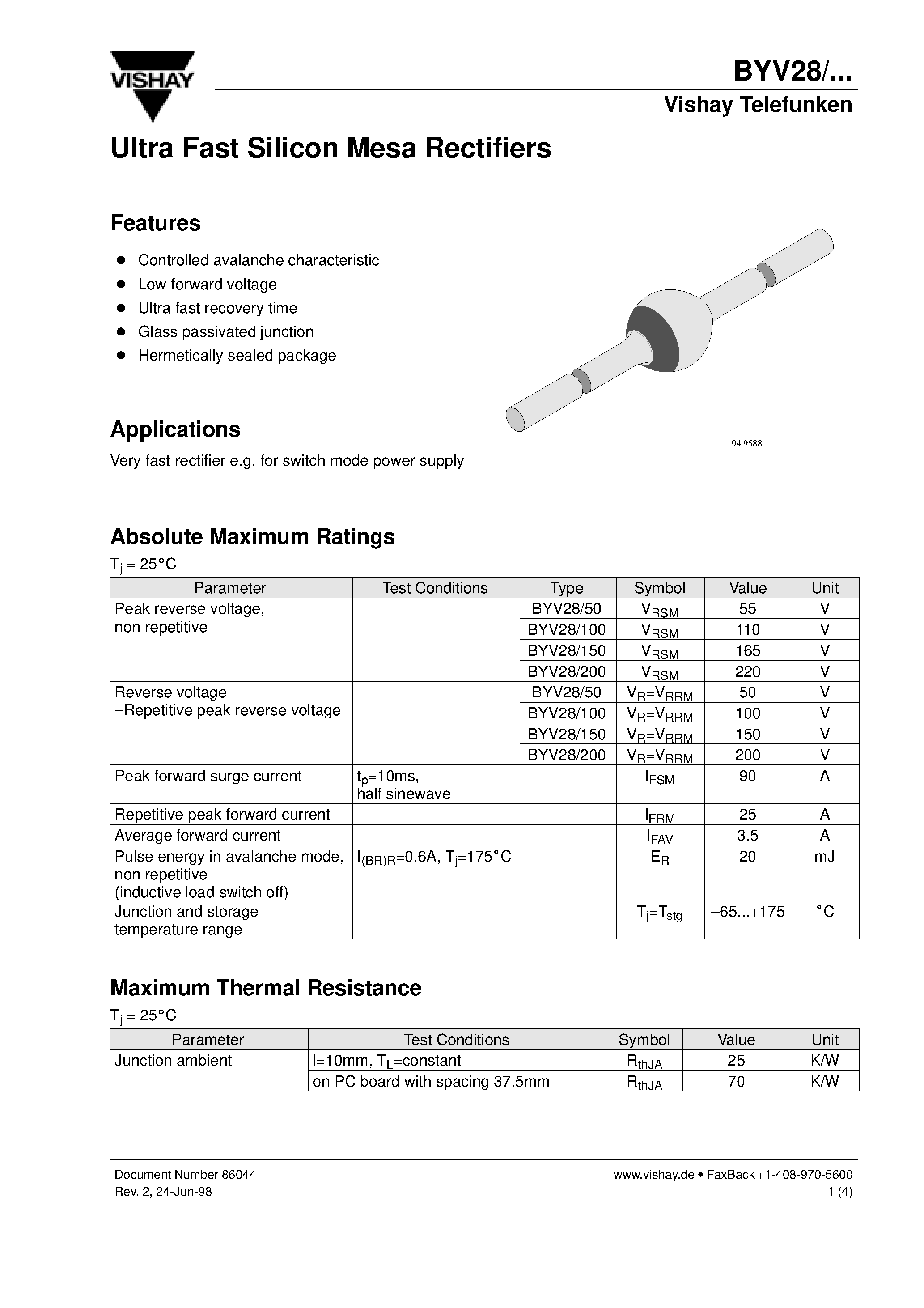 Datasheet BYV28 page 1 Datasheet BYV28 - Ultra Fast Silicon Mesa Rectifiers page 1