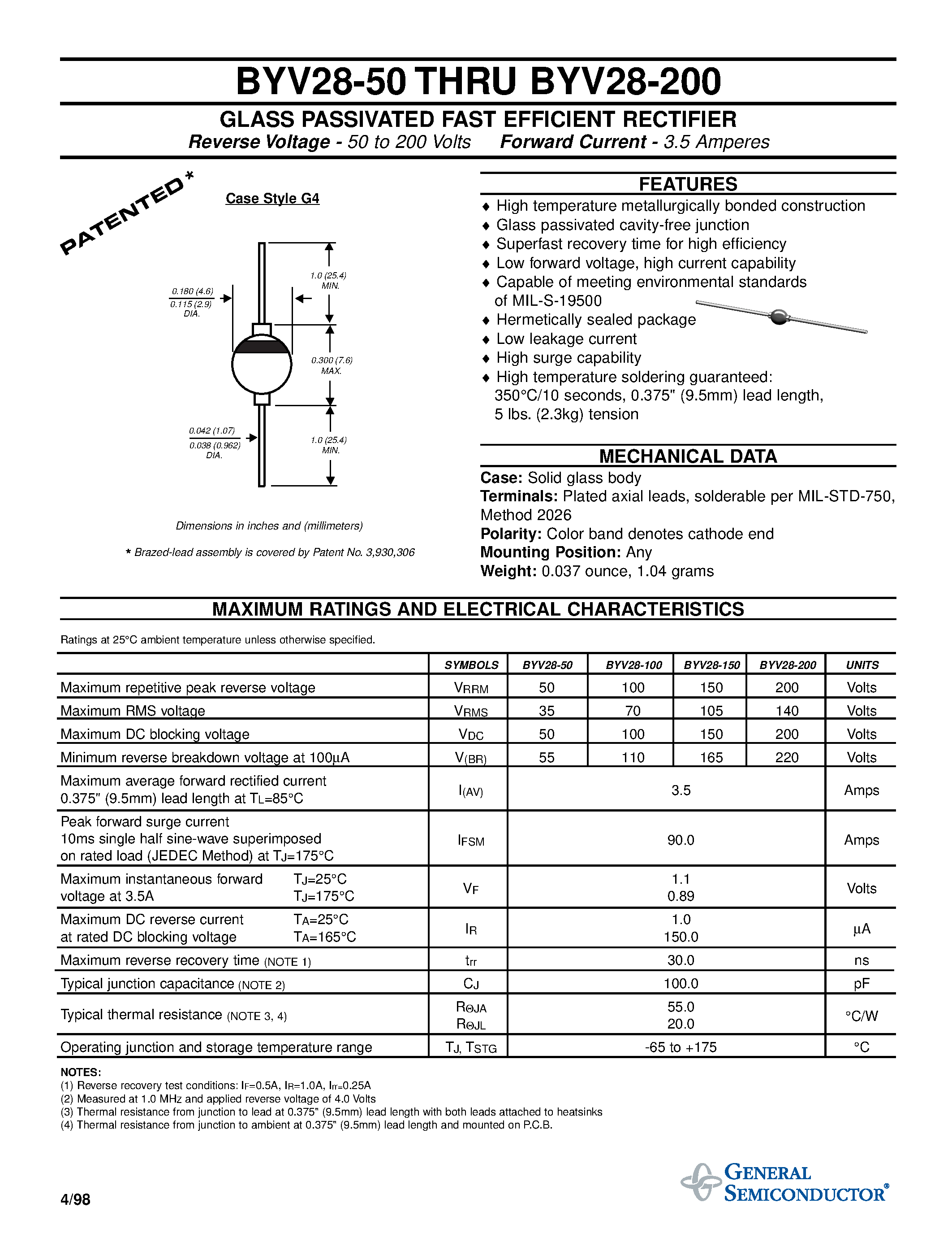 Datasheet BYV28-50 page 1 Datasheet BYV28-50 - GLASS PASSIVATED FAST EFFICIENT RECTIFIER page 1