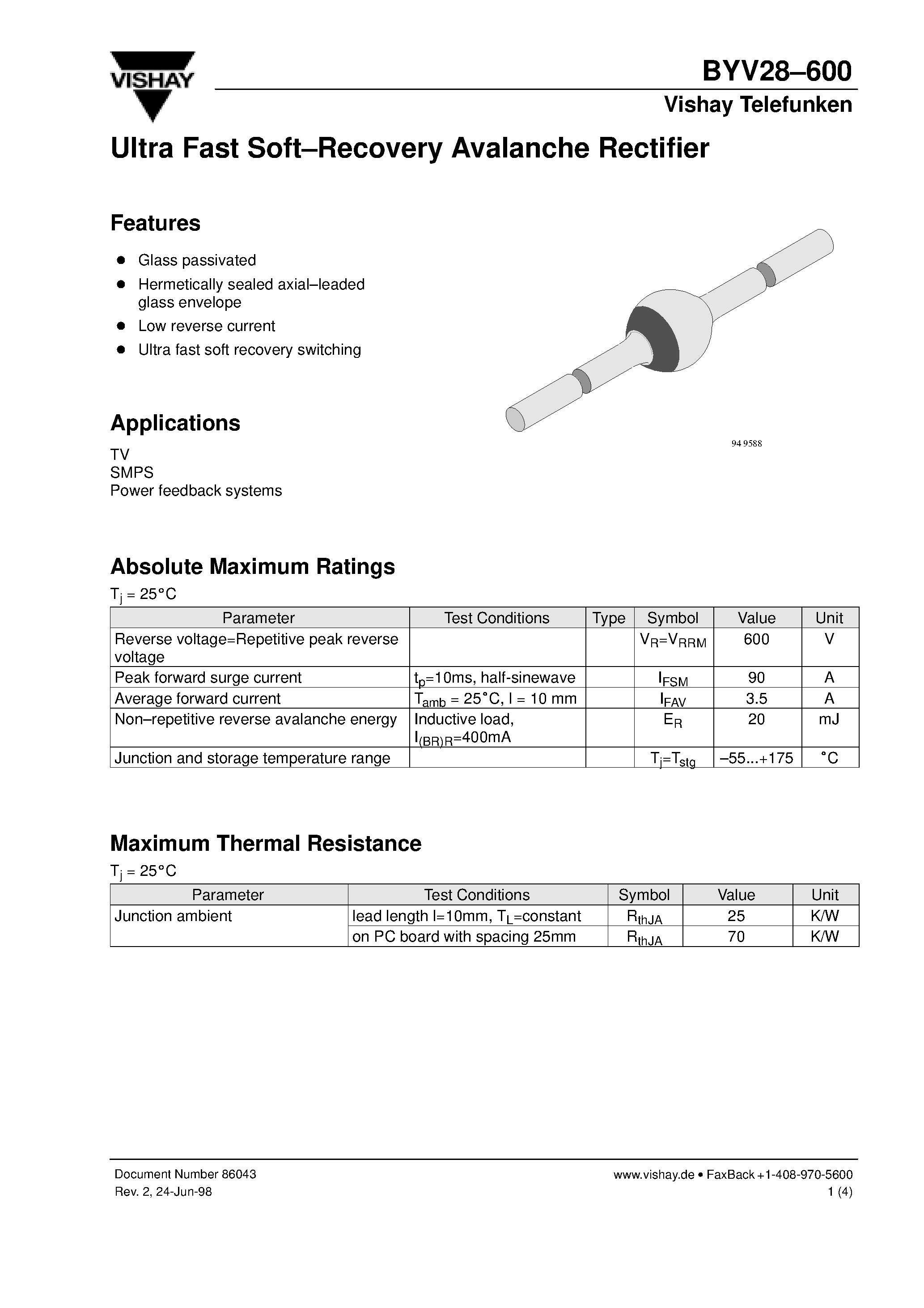 Datasheet BYV28600 page 1 Datasheet BYV28600 - Ultra Fast Soft-Recovery Avalanche Rectifier page 1