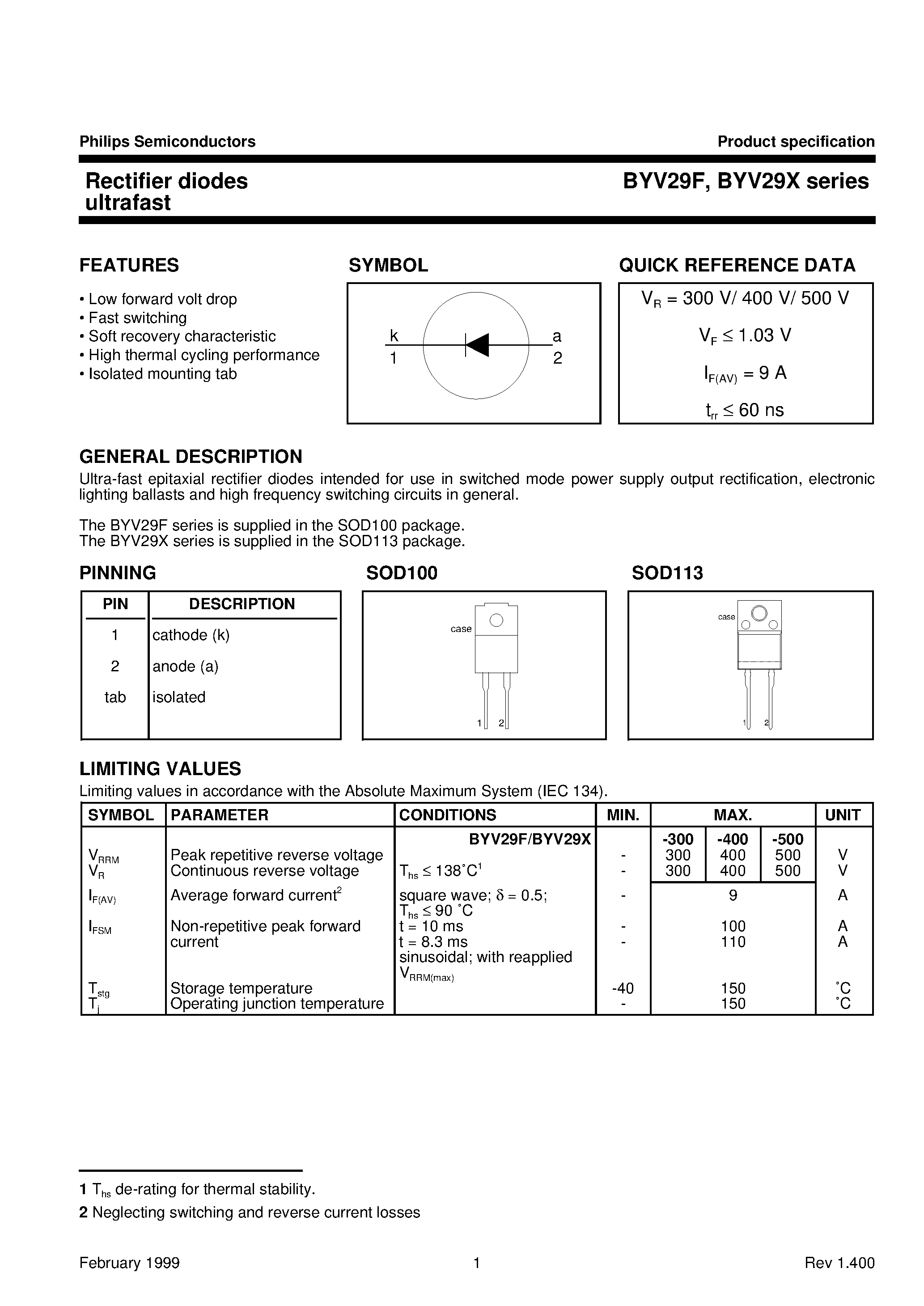 Datasheet BYV29X-400 page 1 Datasheet BYV29X-400 - Rectifier diodes ultrafast page 1