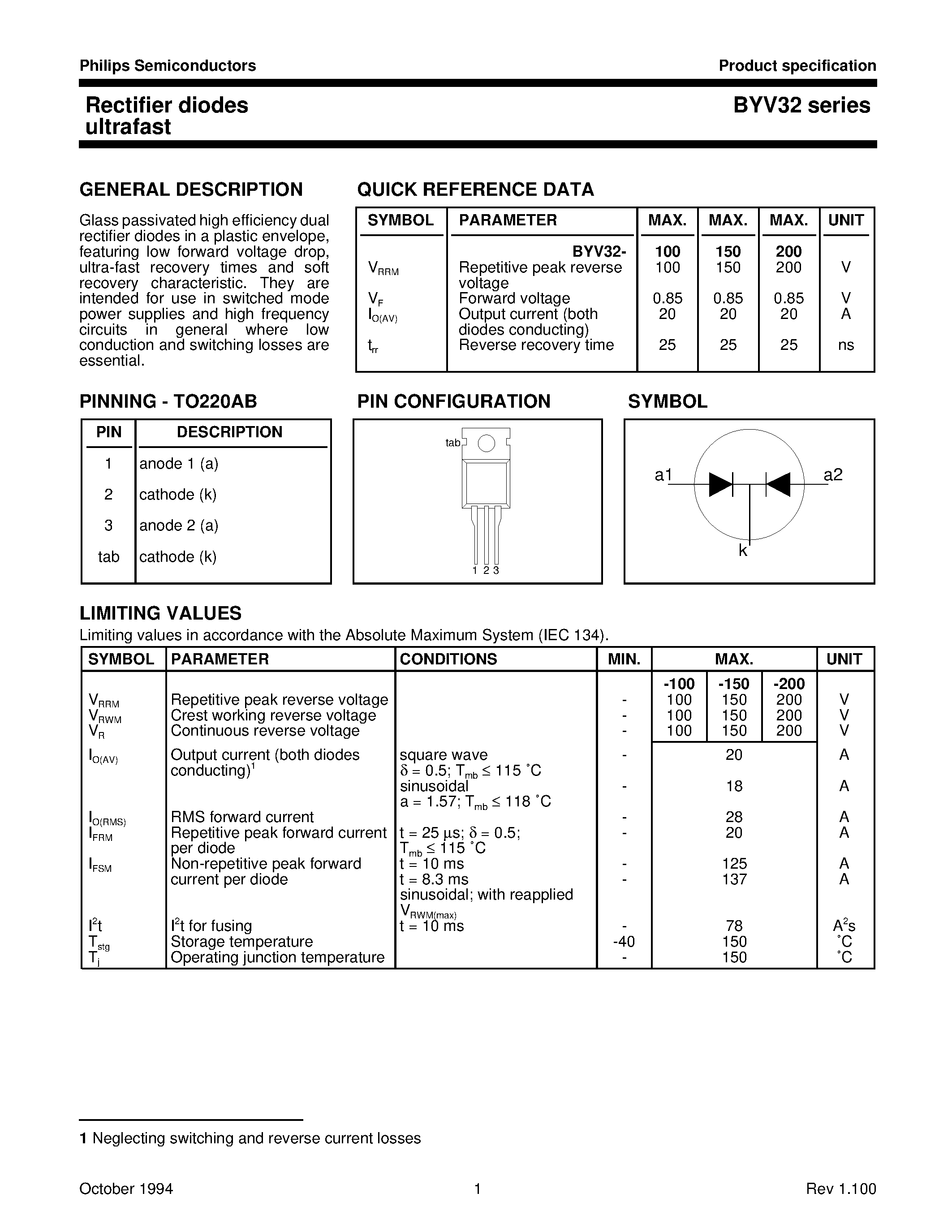 Datasheet BYV32 page 1 Datasheet BYV32 - Rectifier diodes ultrafast page 1