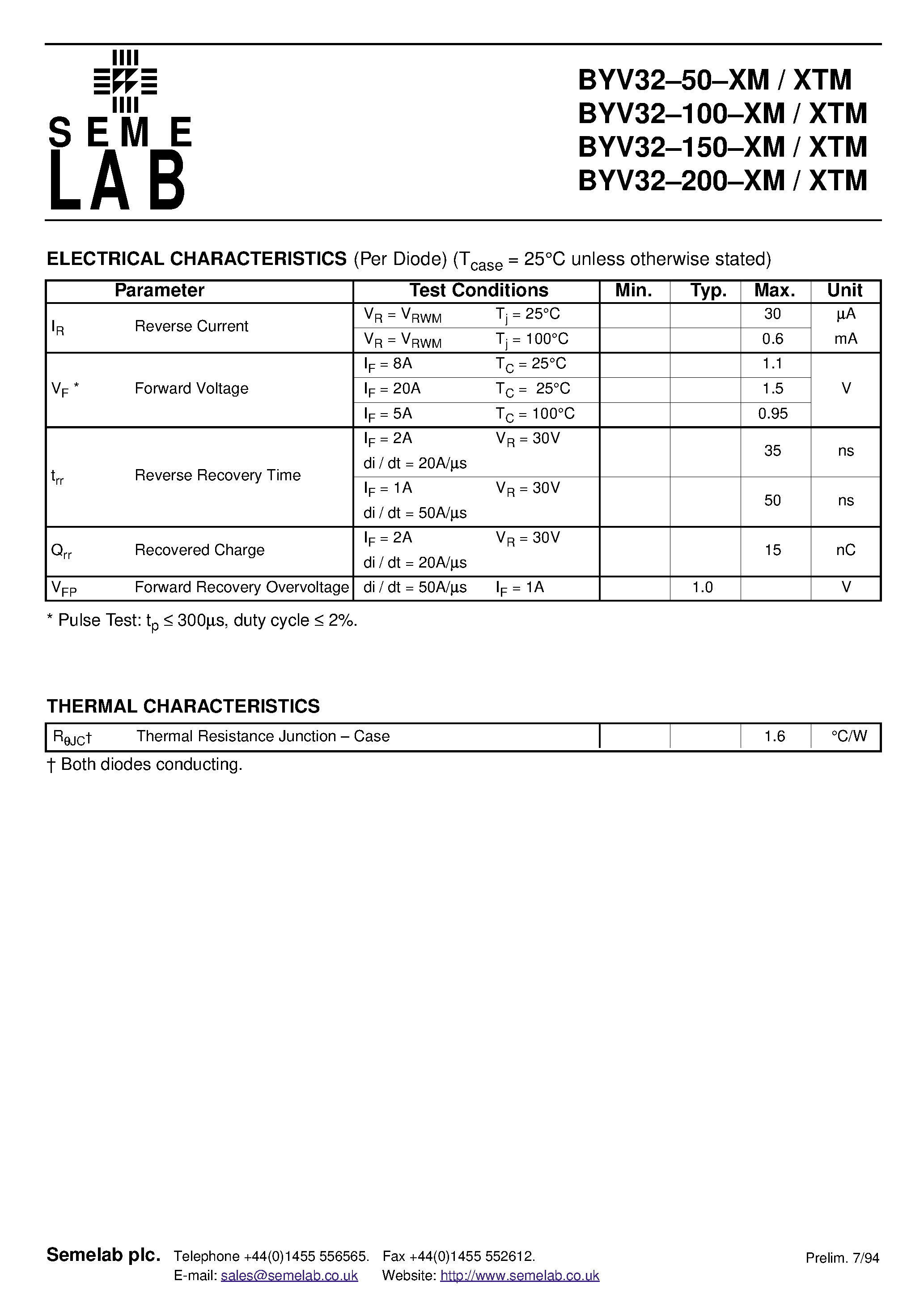 Datasheet BYV32-100-XM page 2 Datasheet BYV32-100-XM - HERMETICALLY SEALED DUAL FAST RECOVERY SILICON RECTIFIER FOR HI.REL APPLICATIONS page 2
