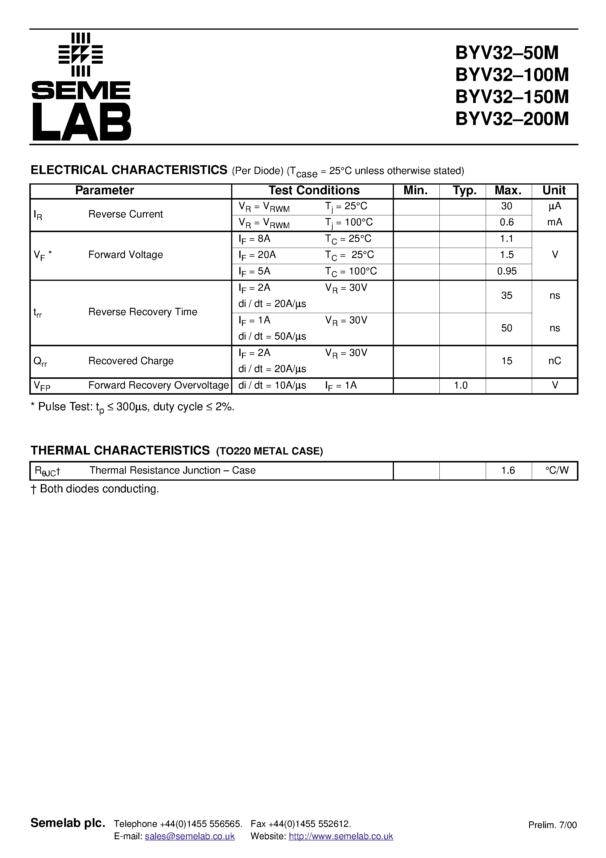 Datasheet BYV32-100M page 2 Datasheet BYV32-100M - HERMETICALLY SEALED DUAL FAST RECOVERY SILICON RECTIFIER FOR HI.REL APPLICATIONS page 2