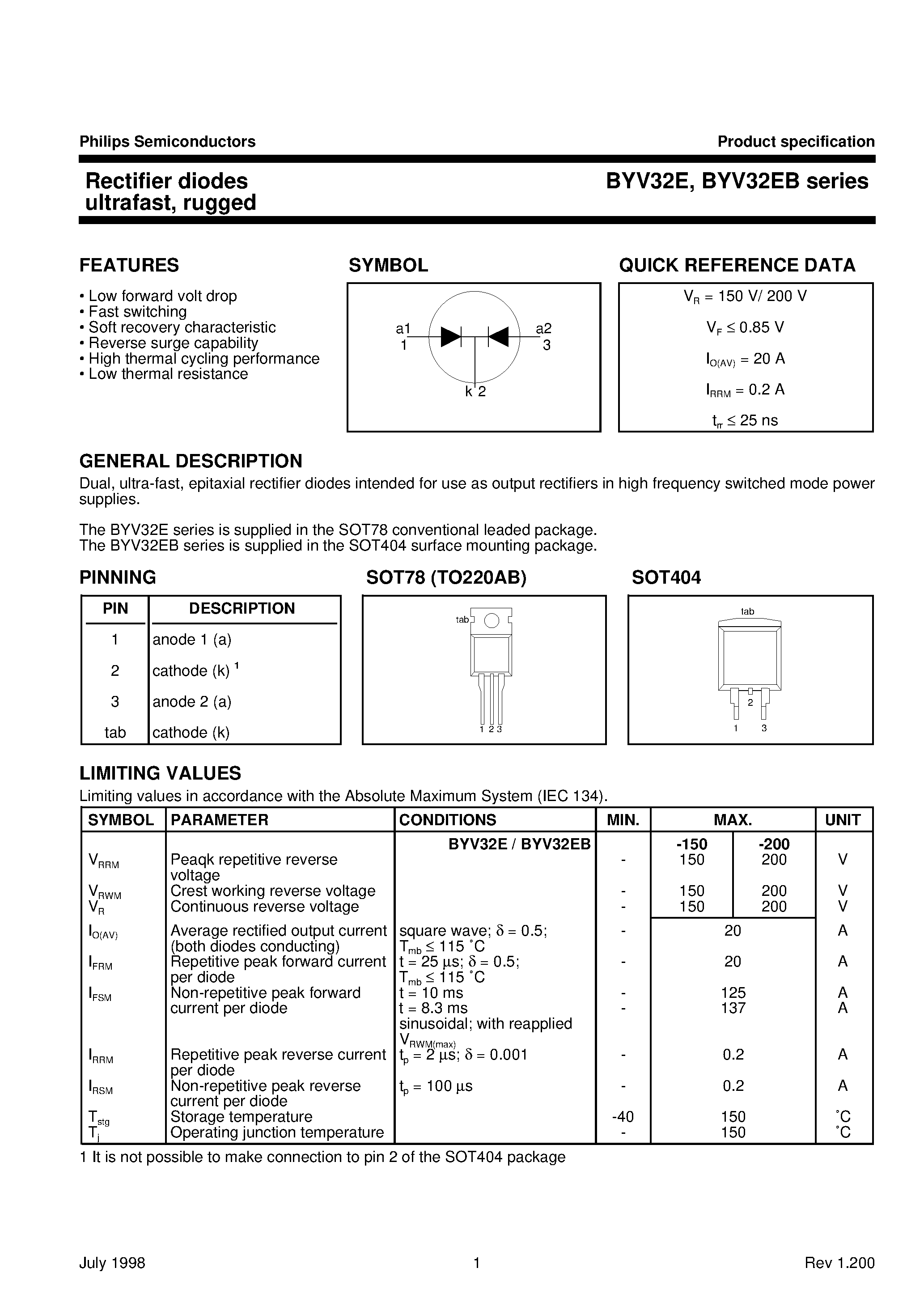 Datasheet BYV32EB-150 page 1 Datasheet BYV32EB-150 - Rectifier diodes ultrafast/ rugged page 1