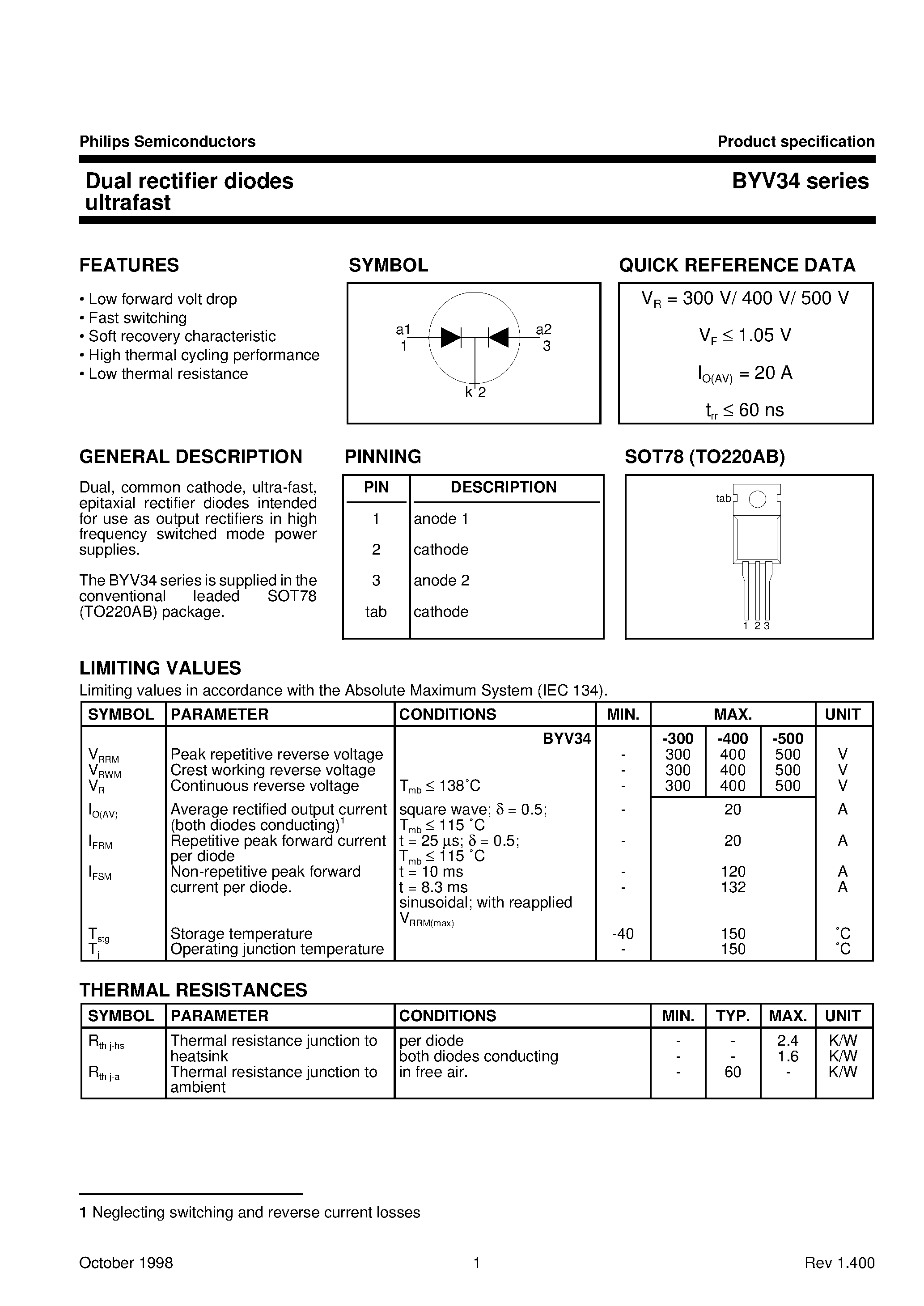 Datasheet BYV34-400 page 1 Datasheet BYV34-400 - Dual rectifier diodes ultrafast page 1