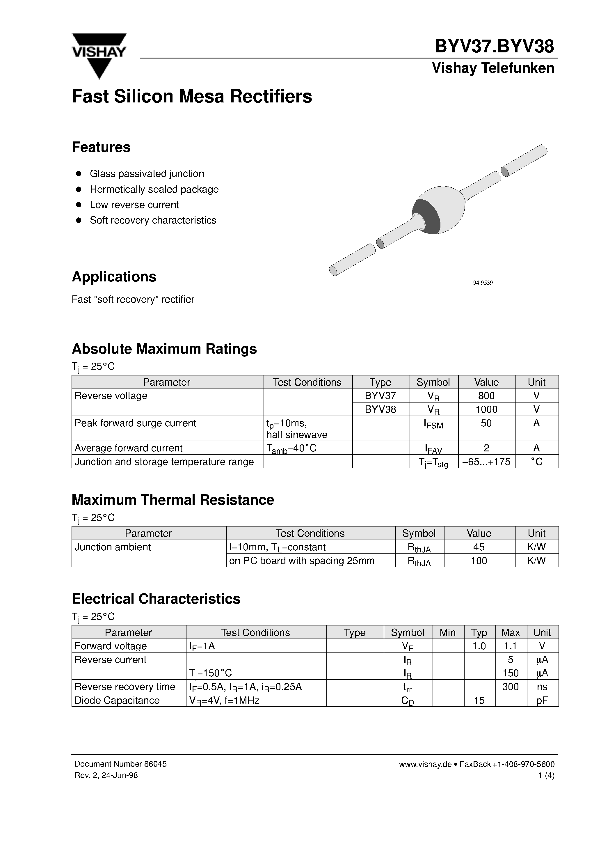 Datasheet BYV37 page 1 Datasheet BYV37 - Fast Silicon Mesa Rectifiers page 1