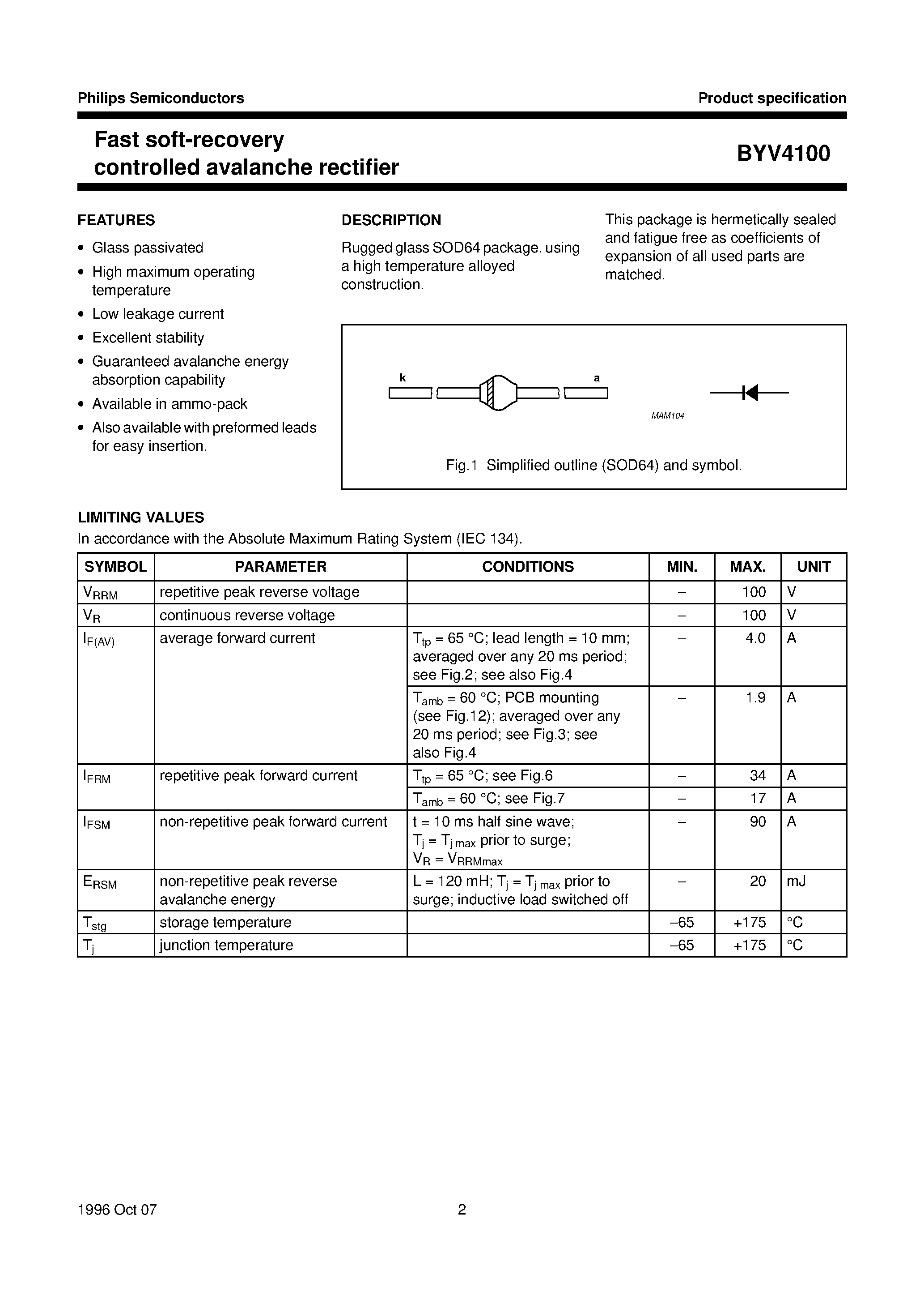 Datasheet BYV4100 page 2 Datasheet BYV4100 - Fast soft-recovery controlled avalanche rectifier page 2