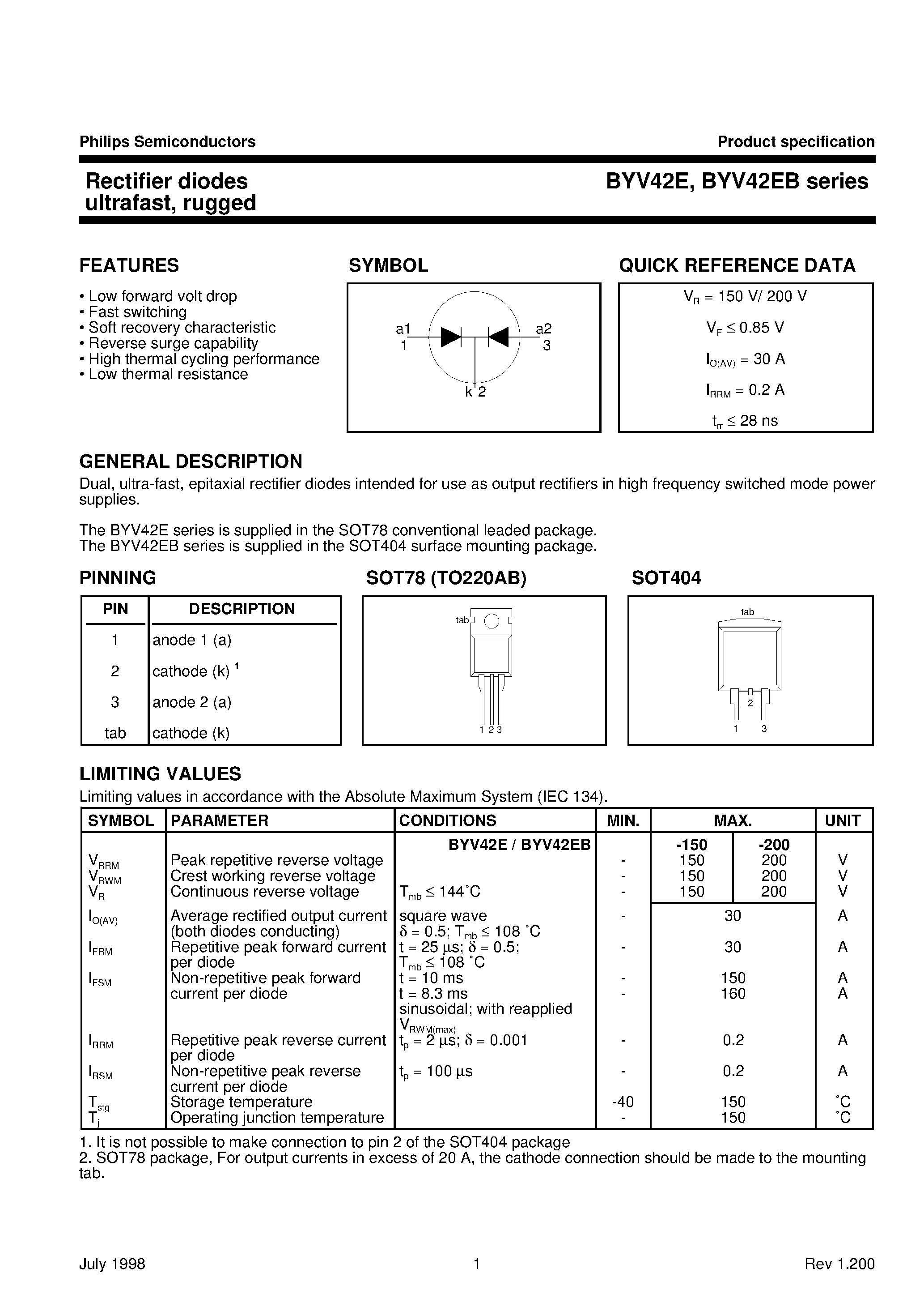 Datasheet BYV42E page 1 Datasheet BYV42E - Rectifier diodes ultrafast/ rugged page 1