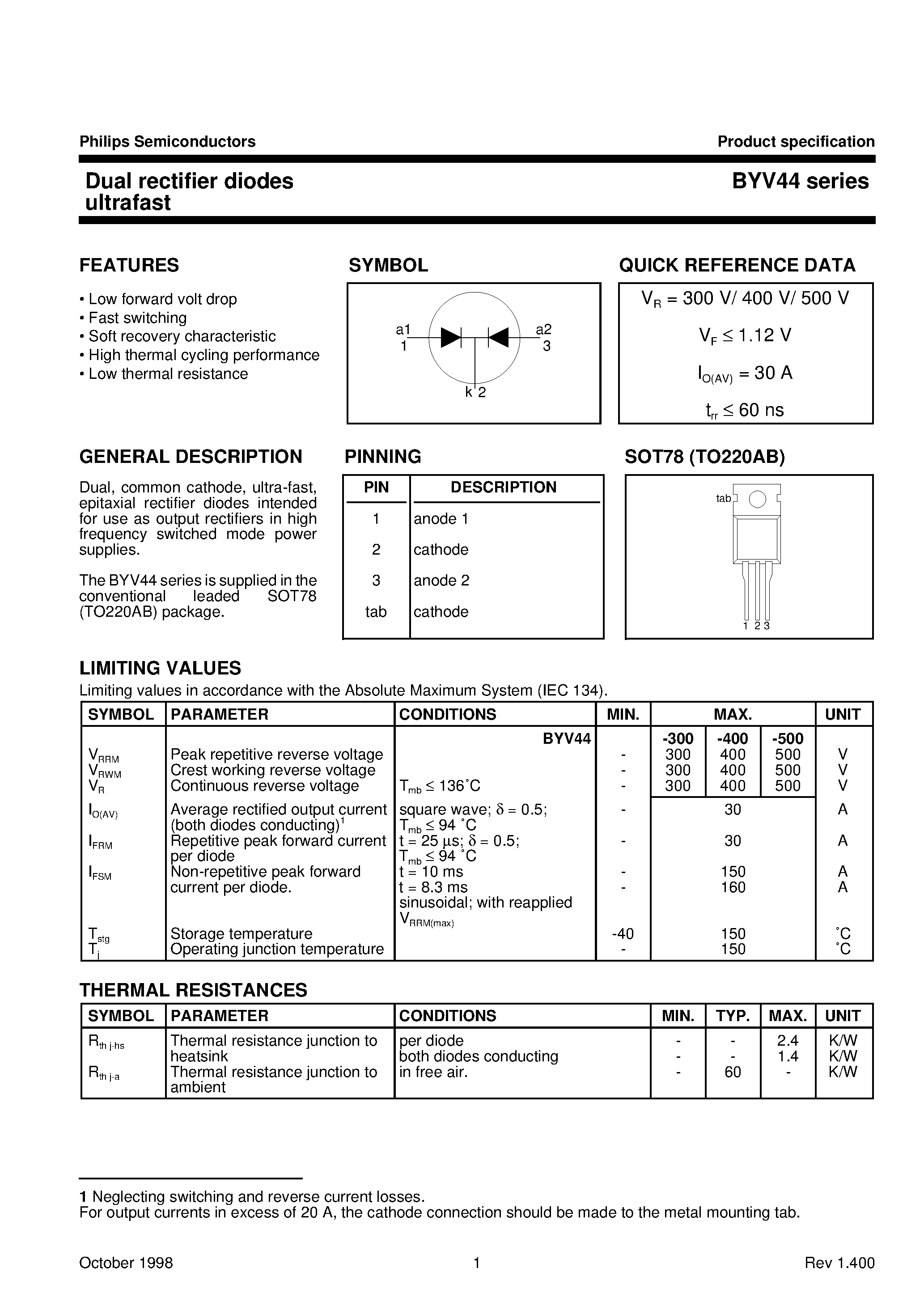 Datasheet BYV44 - Dual rectifier diodes ultrafast page 1
