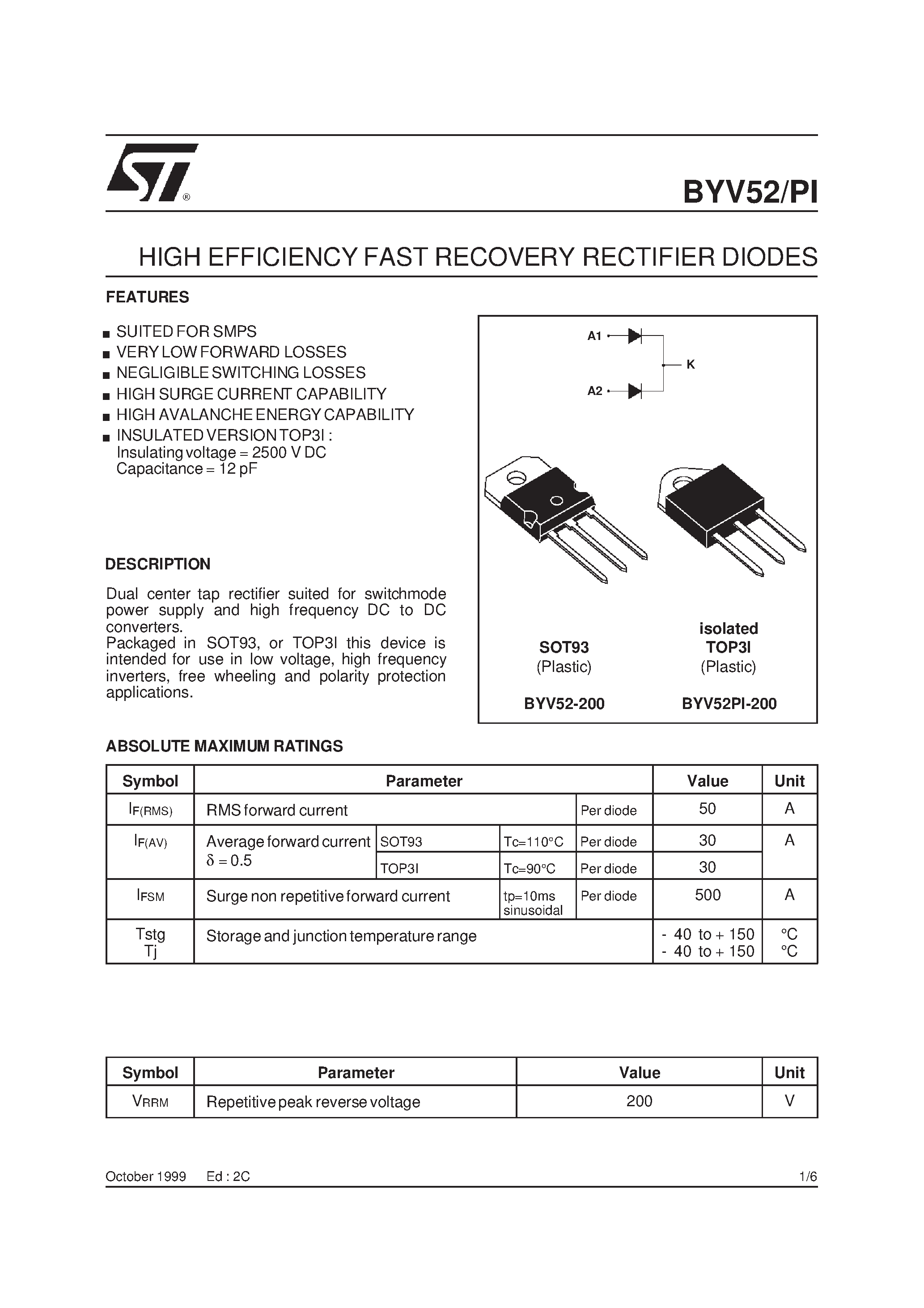 Datasheet BYV52PI-200 page 1 Datasheet BYV52PI-200 - HIGH EFFICIENCY FAST RECOVERY RECTIFIER DIODES page 1