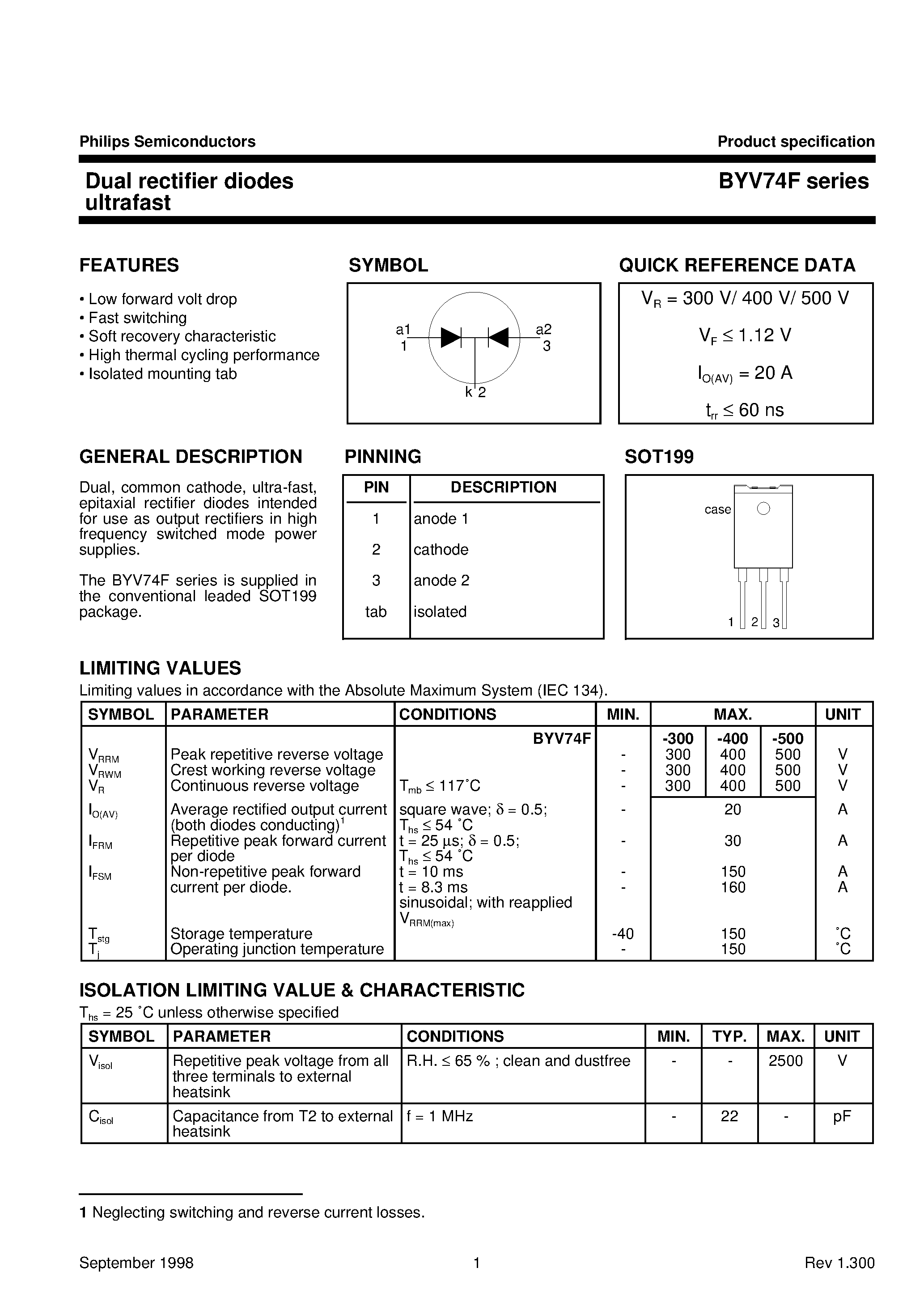 Datasheet BYV74F-300 page 1 Datasheet BYV74F-300 - Dual rectifier diodes ultrafast page 1
