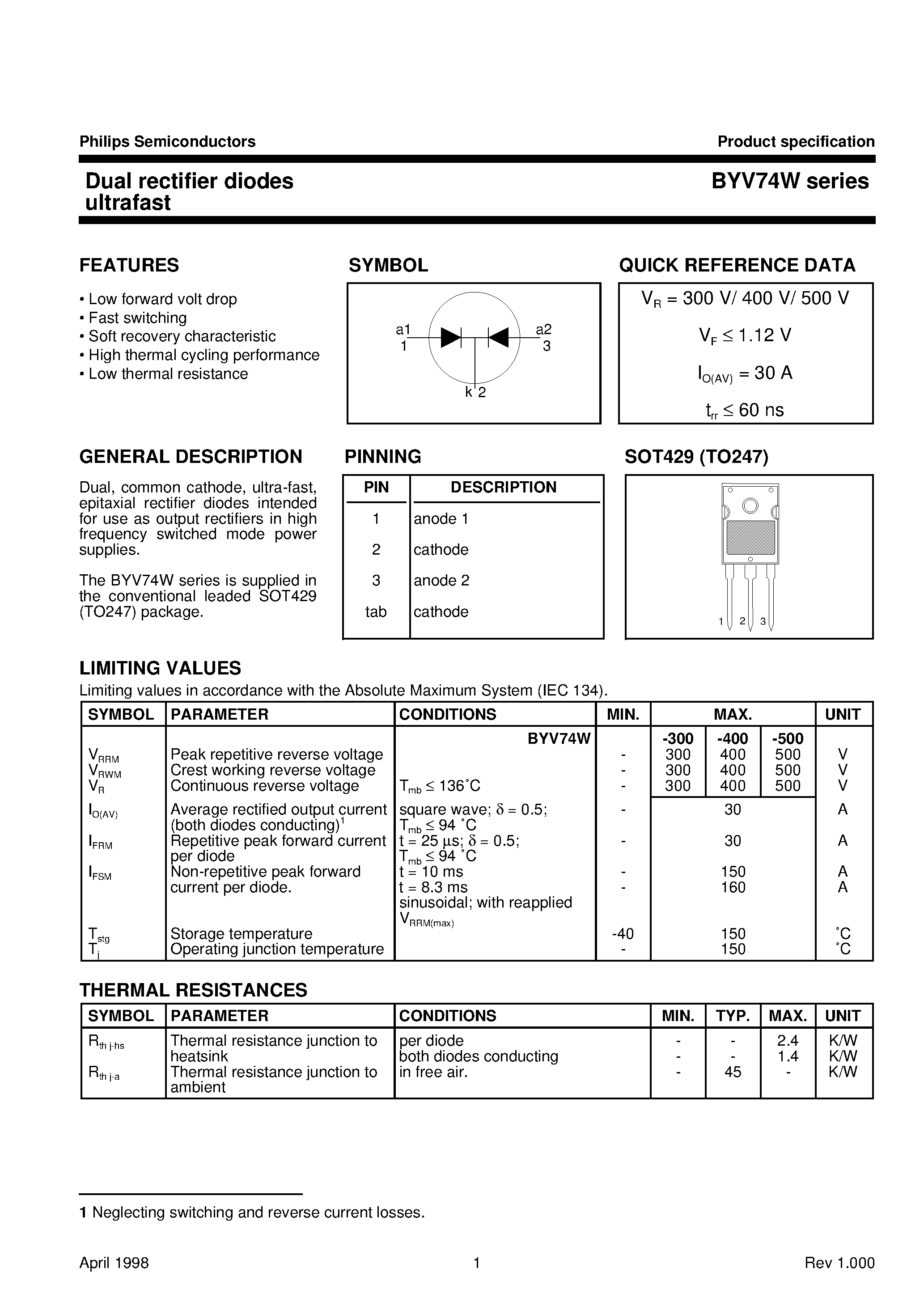 Datasheet BYV74W-500 page 1 Datasheet BYV74W-500 - Dual rectifier diodes ultrafast page 1