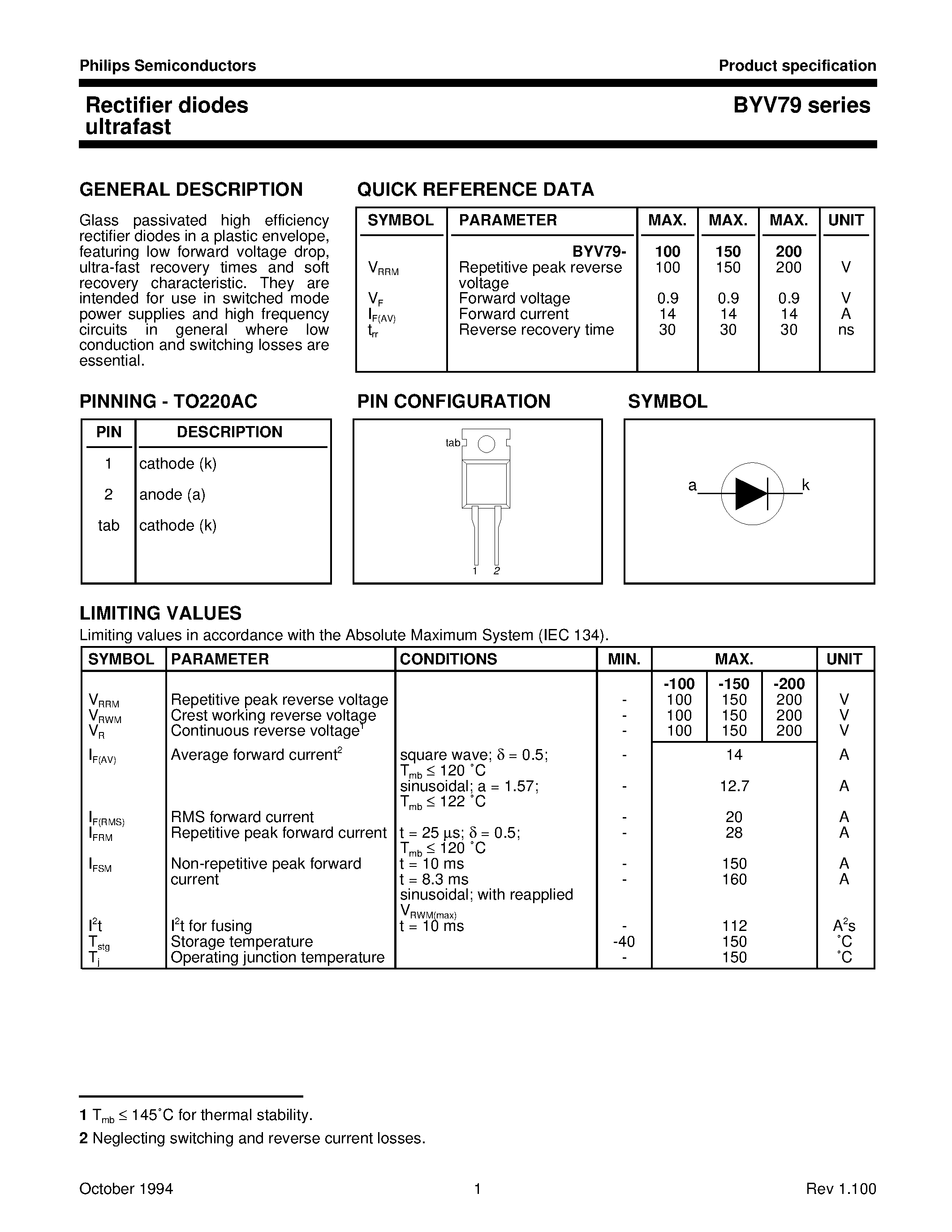 Даташит BYV79-200 - Rectifier diodes ultrafast страница 1