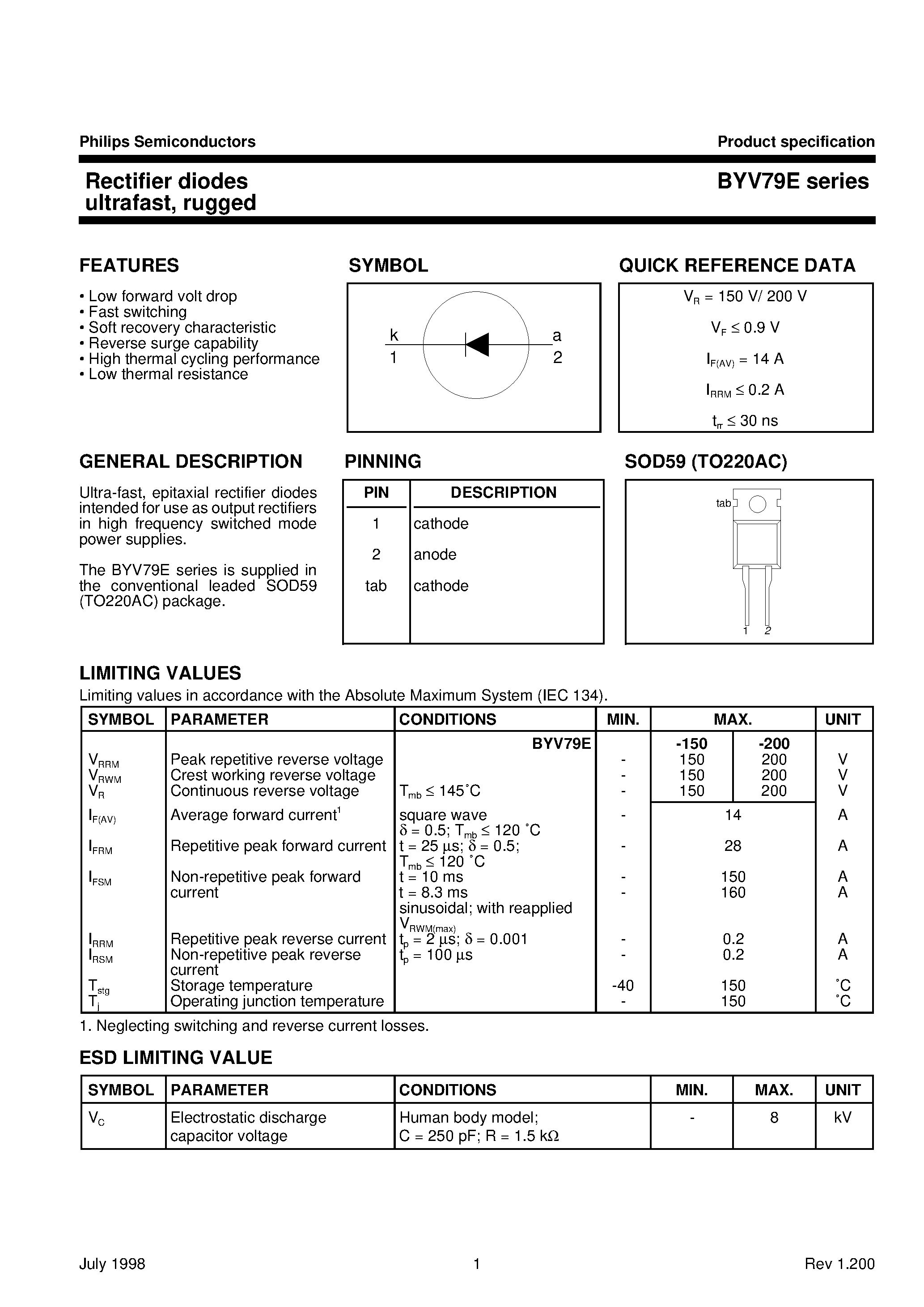 Datasheet BYV79E page 1 Datasheet BYV79E - Rectifier diodes ultrafast/ rugged page 1